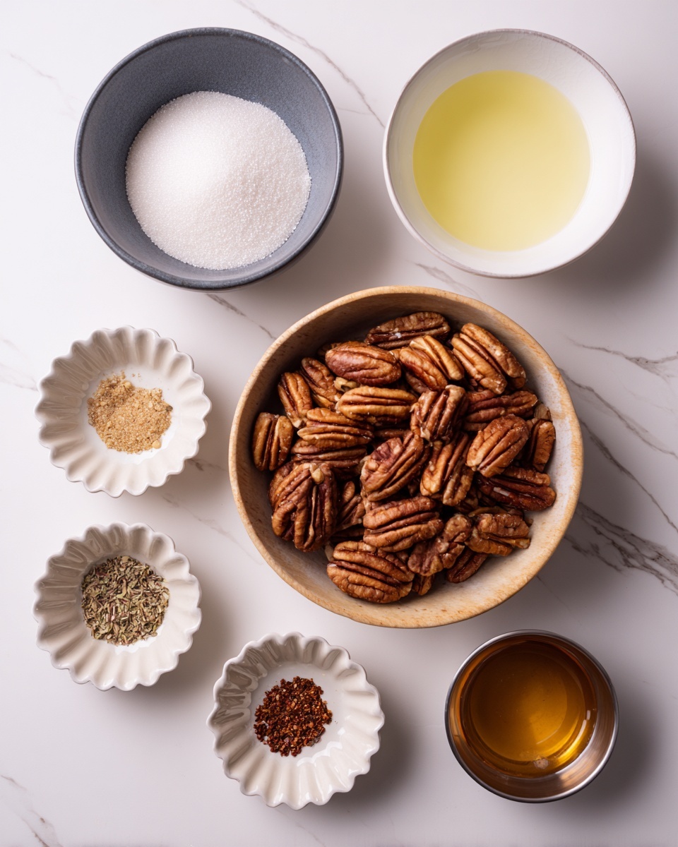 The image shows six bowls of different sizes arranged on a white marbled surface. The largest bowl at the center is light brown and filled with whole pecan nuts, showing their rich brown colors and natural textures. Above it to the left is a dark gray bowl filled with white granulated sugar. To the right of the sugar bowl is a white bowl with a small amount of pale yellow liquid, likely oil or syrup. Below these, there is a small white scalloped bowl that appears empty. To the bottom left, a small light gray bowl has three piles of spices in white, reddish-brown, and dark brown colors. On the bottom right, a small metallic bowl holds a golden-brown liquid, probably honey or syrup. The colors and textures of the bowls and their contents contrast with the smooth white marbled surface photo taken with an iphone --ar 4:5 --v 7