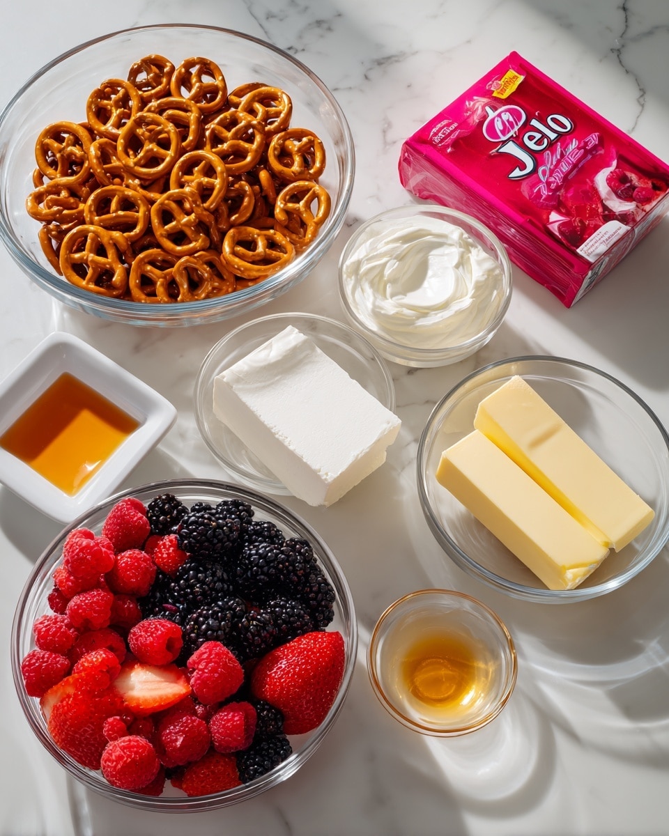 The image shows six bowls and one box of ingredients on a white marbled surface. On the top left is a large glass bowl filled with shiny golden pretzels, closely packed. To its right is a smaller glass bowl holding a block of white cream cheese with a smooth texture. Below the pretzels is a small glass bowl of white cream and next to it a bright pink box of raspberry Jello with bold white letters. To the right of the Jello and the cream cheese is another small glass bowl with two sticks of pale yellow butter placed side by side. At the bottom is a large glass bowl filled with a mix of fresh berries including red strawberries, raspberries, and blackberries. In the lower left corner, a small white square dish holds a golden syrup. The whole setup has bright lighting highlighting the fresh and smooth textures of the ingredients photo taken with an iphone --ar 4:5 --v 7