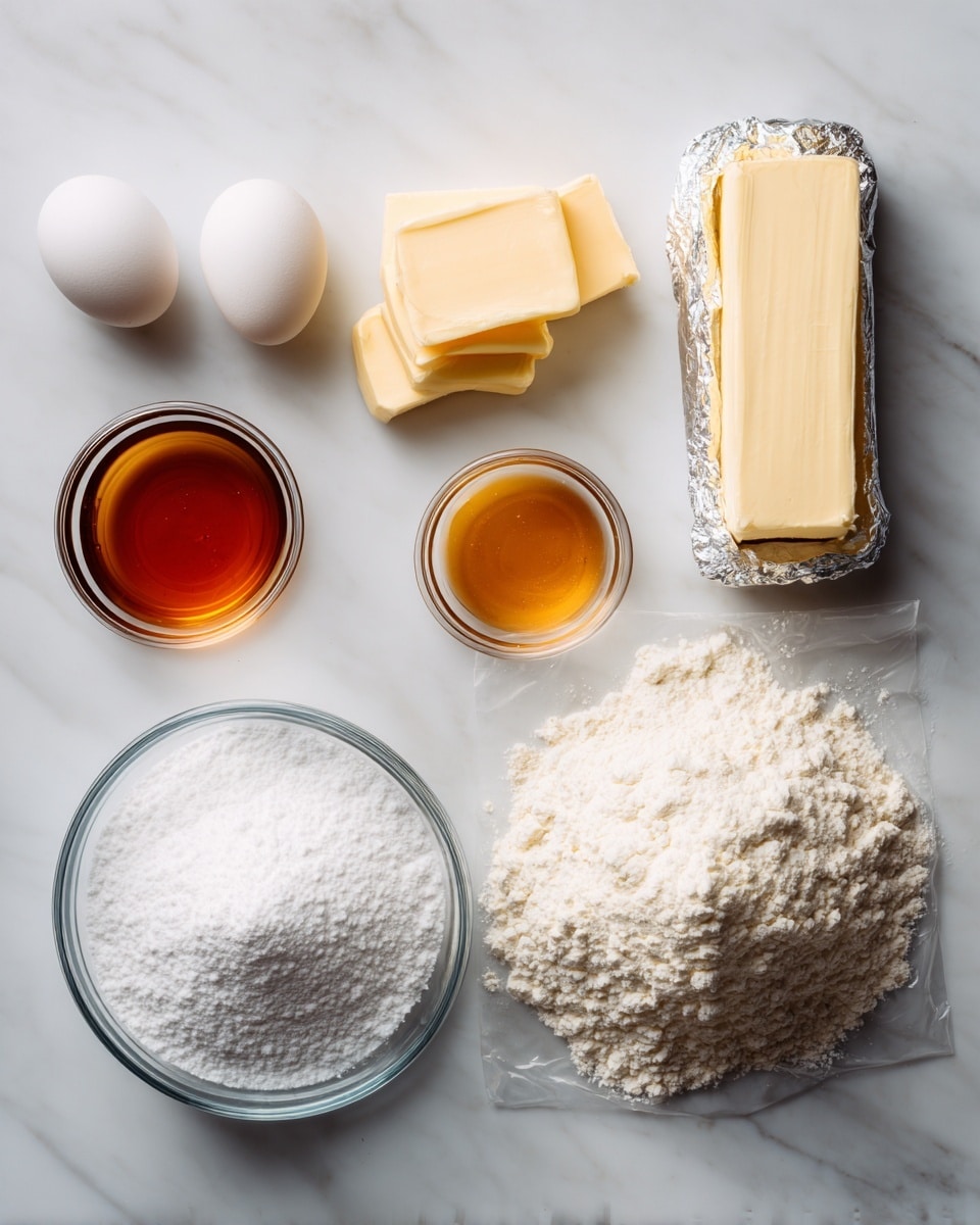 The image shows baking ingredients arranged neatly on a white marbled surface. There is a clear glass bowl filled with white powdered sugar in the bottom center. Above it and slightly to the left are two white eggs placed closely together. Next to the eggs is a stick of pale yellow butter lying flat. To the right of the eggs, there is a small clear glass bowl containing amber-colored vanilla extract. Above the butter and the eggs, a rectangular silver foil-wrapped block of cream cheese is positioned. On the right side of the image, a transparent plastic bag filled with white flour rests on the surface. photo taken with an iphone --ar 4:5 --v 7
