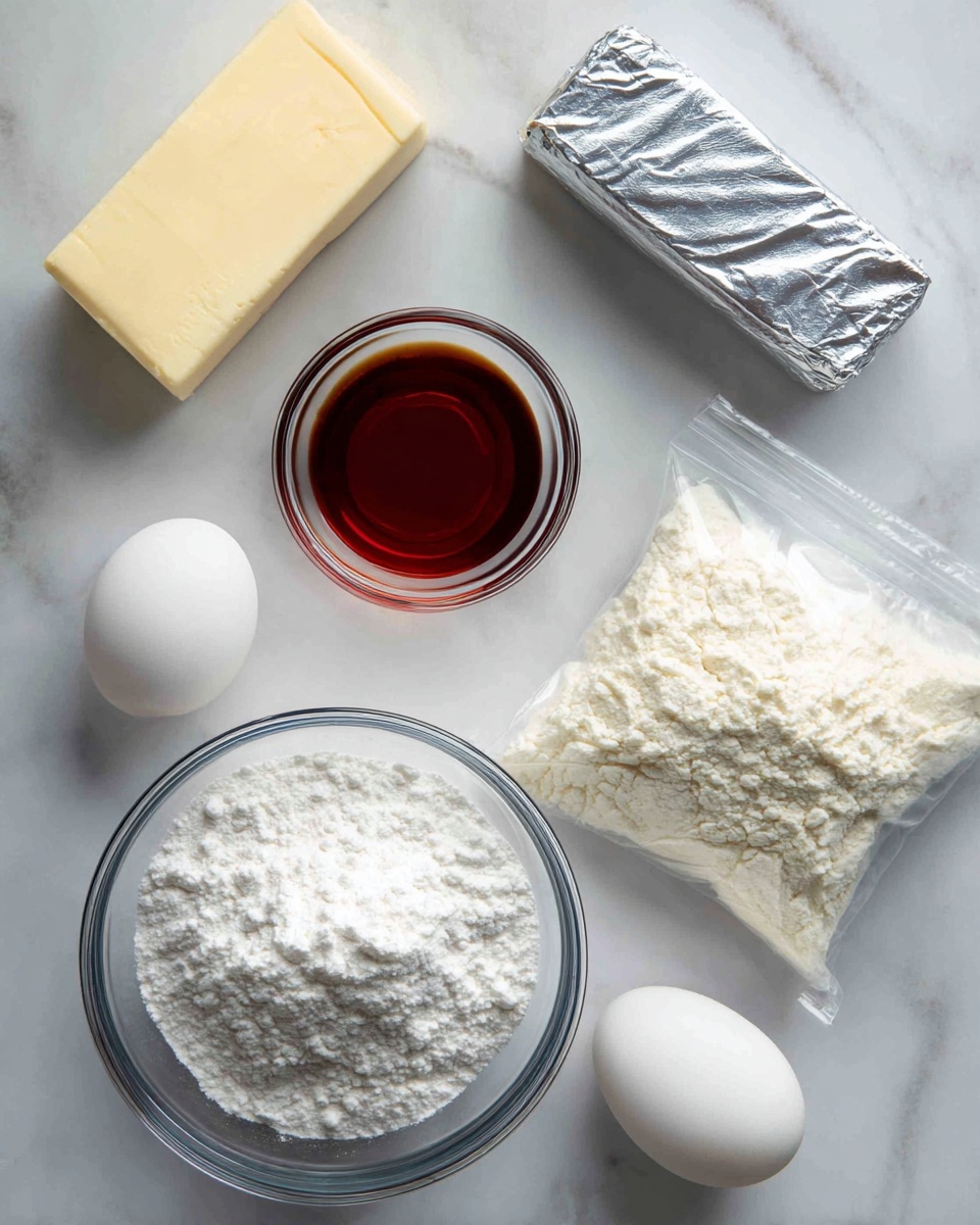 The image shows a white marbled surface with baking ingredients neatly placed on it. There is a clear glass bowl filled with white powdered sugar at the bottom center. Above it, slightly to the right, is a clear small glass bowl holding a dark amber liquid, likely vanilla extract. To the right, a sealed transparent plastic bag contains white flour. On the left side, two whole white eggs rest near a rectangular stick of pale yellow butter. Above the eggs and butter, there is a silver foil-wrapped block, likely cream cheese or butter. The setup is clean and well-organized, conveying a simple and natural ingredient layout. Photo taken with an iphone --ar 4:5 --v 7
