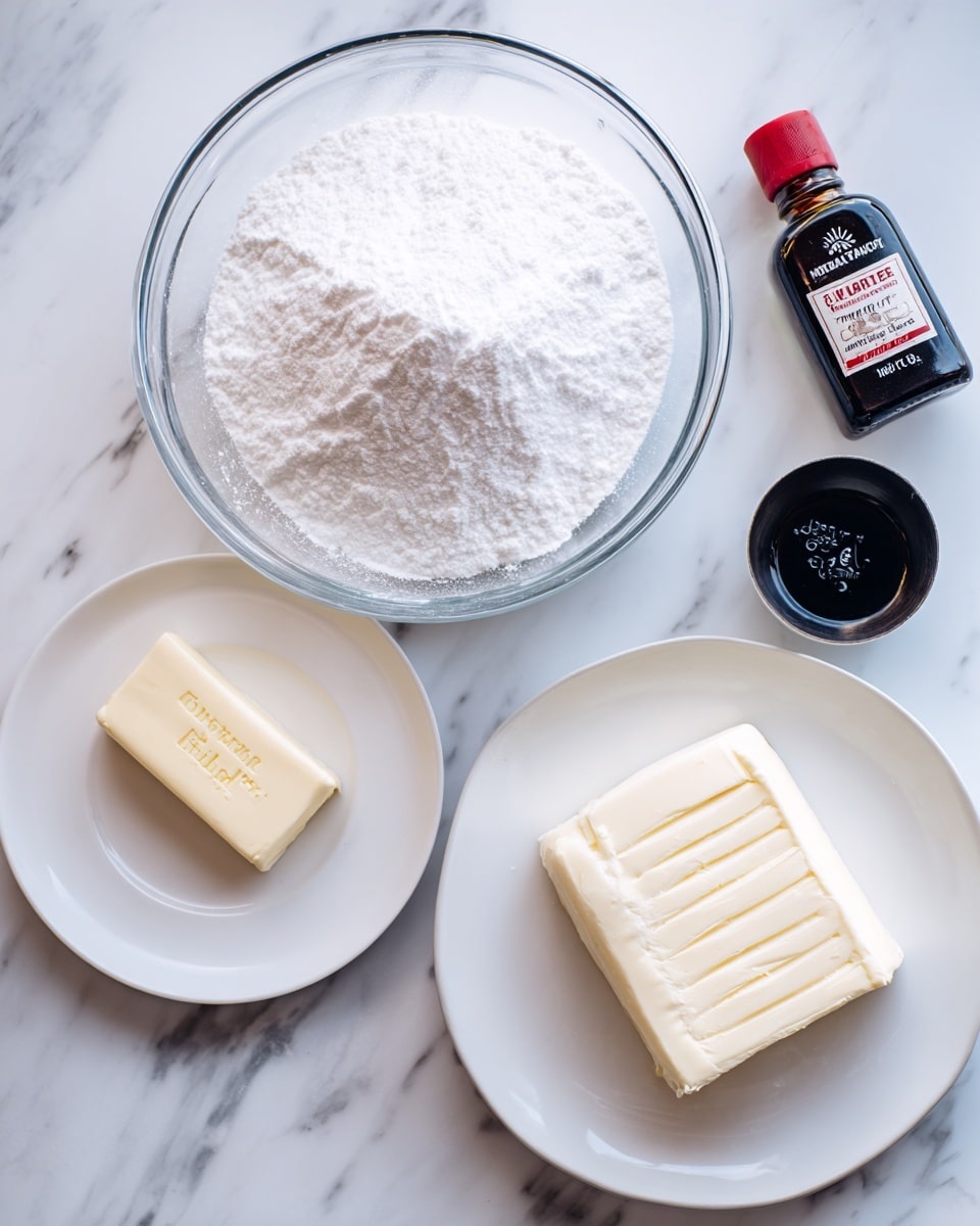 A top-down view shows key baking ingredients arranged on a white marbled surface. In the center is a large clear glass bowl filled with five cups of fine white confectioners sugar. To the left, a white plate holds a half cup stick of pale unsalted butter with a smooth texture, and below it, another white plate contains an eight-ounce block of creamy white cream cheese. Above the sugar bowl is a small black measuring cup and a small dark bottle with a red cap labeled one tablespoon of vanilla extract. Text labels with ingredient names and amounts float next to each item. The scene is brightly lit and clean. photo taken with an iphone --ar 4:5 --v 7