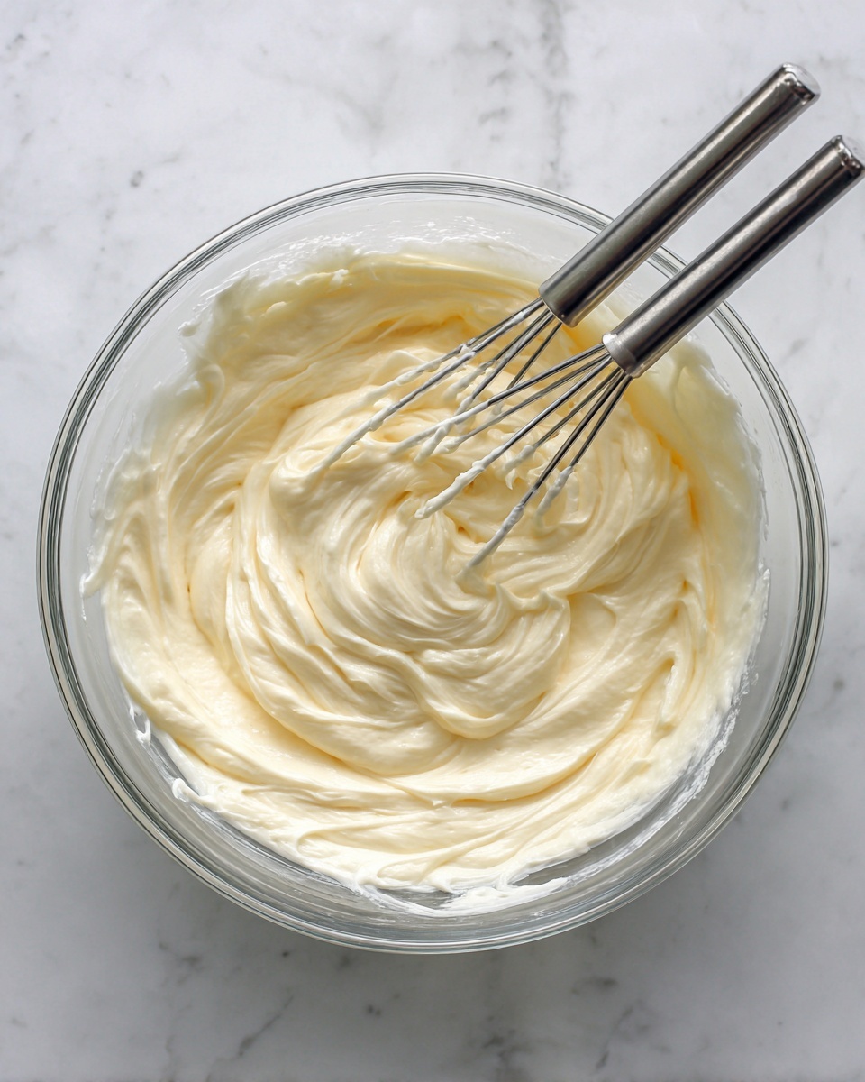 A clear glass bowl filled with a creamy, light yellow mixture being whipped by two metal beaters. The mixture has a smooth, fluffy texture with soft swirls and peaks formed by the beaters. The bowl sits on a white marbled surface, and the metal beaters catch the light, standing out against the pale, creamy mixture inside the bowl photo taken with an iphone --ar 4:5 --v 7