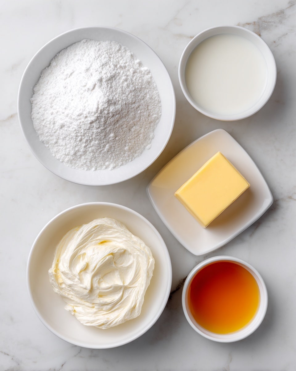 The image shows five white bowls and dishes arranged on a white marbled surface. At the top center, a large white bowl is filled with a mound of fine white powder. Below it, slightly to the left, a smaller white bowl contains a smooth white liquid. To the right of this bowl, a small white square dish holds a pale yellow stick of solid butter. Near the bottom center, a round white bowl has a thick, creamy white substance with a swirled texture. Finally, at the bottom right, there is a small white bowl filled with a clear amber-colored liquid. The arrangement is neat and spaced out evenly. Photo taken with an iphone --ar 4:5 --v 7