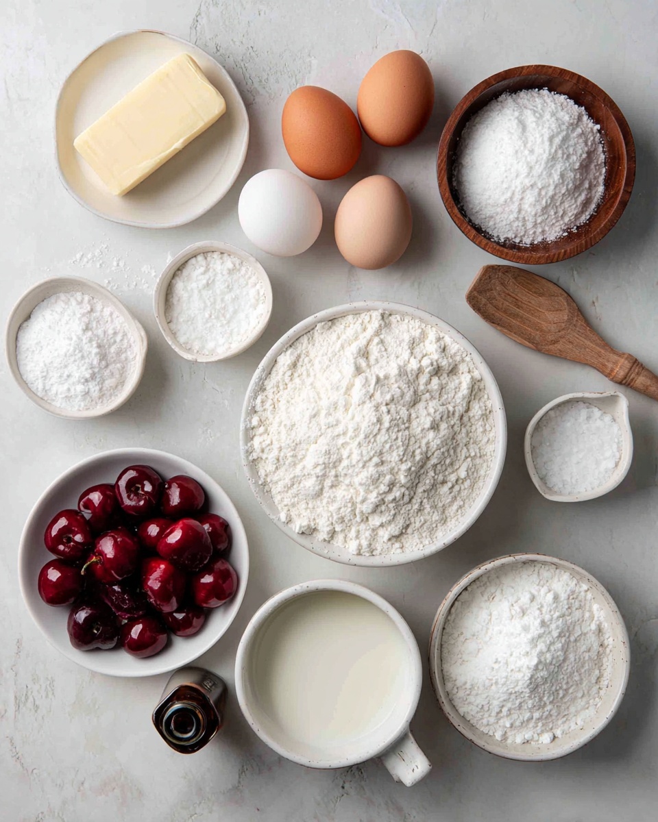 The image shows a flat lay of baking ingredients arranged on a white marbled texture. There are nine bowls and containers placed neatly: a white bowl filled with white flour in the center, a white bowl with bright red cherries at the bottom left, a white bowl with white powdered sugar at the bottom right, a white bowl with white granulated sugar at the left, and a white bowl with milk at the right. Two white eggs sit in a small white bowl near the top center. A stick of unsalted butter rests near the top left. A small dark brown bottle is at the center bottom between the cherries and powdered sugar. A small white bowl holds a white powder near the left edge while another small white bowl contains a measuring cup with white liquid near the right edge. A round wooden container with salt and a wooden spoon is placed at the top right. Photo taken with an iphone --ar 4:5 --v 7