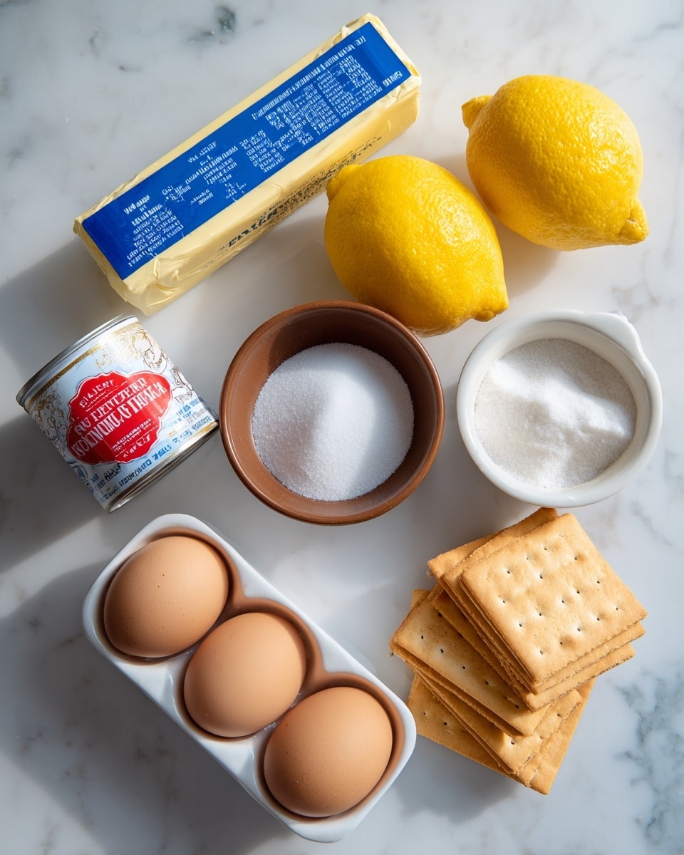 The image shows several ingredients placed separately on a white marbled surface: a stick of butter with blue text on the wrapper in the top left, two bright yellow lemons on the right side, a small brown bowl filled with white salt near the lemons, a white bowl full of sugar below the salt, a can of sweetened condensed milk with red and blue labeling on the bottom left, four light brown eggs in a white ceramic egg tray on the bottom right, and a small stack of square graham crackers with a light golden-brown color placed near the condensed milk and eggs. The lighting is bright and natural. photo taken with an iphone --ar 4:5 --v 7