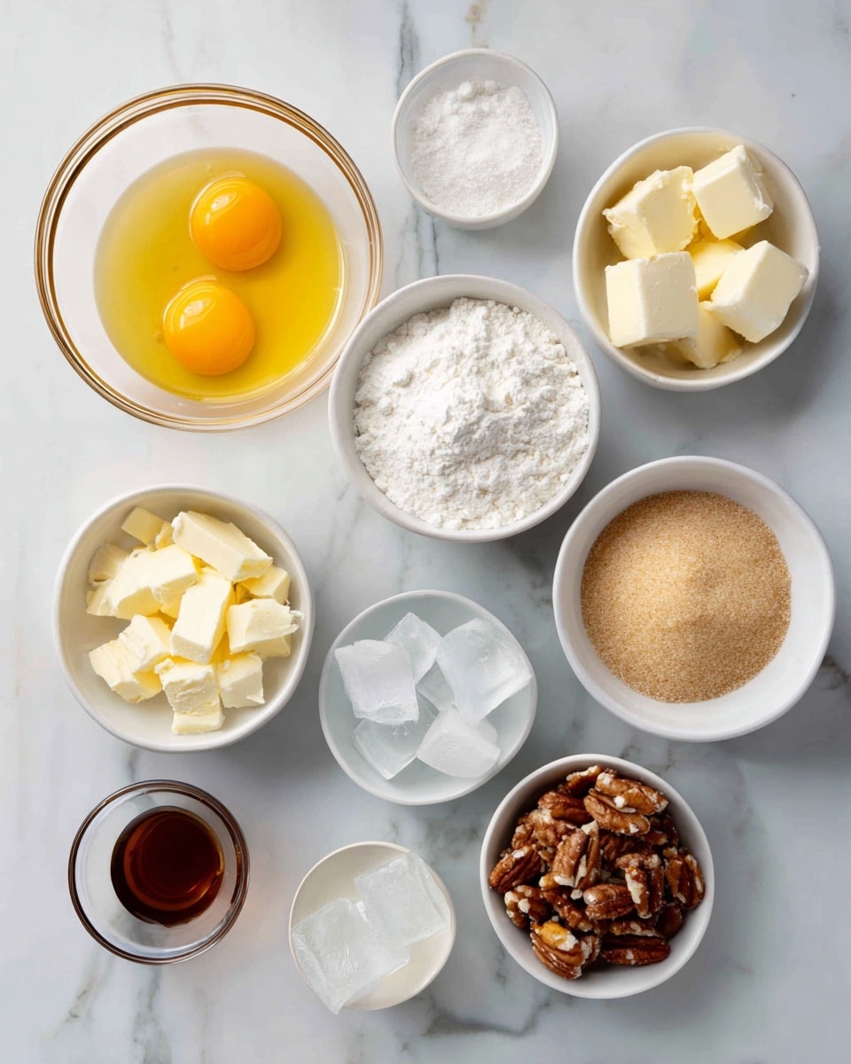 The image shows various ingredients in separate white bowls and glass containers arranged on a white marbled surface. At the top center, there is a glass bowl with two bright yellow egg yolks in clear egg whites. To the right, a white bowl fills with small cubes of butter showing a pale yellow color. Below it, another white bowl contains white flour with a soft, powdery texture. To the bottom right, there is a white bowl filled with light brown sugar that looks crumbly. In the center, a white bowl holds clear ice cubes. A smaller white bowl to the center left contains solid white coconut oil chunks. At the bottom left, a bowl contains melted butter with a shiny bright yellow color. Near it, a small glass cup holds a dark amber liquid, likely vanilla extract. Above it, a small glass bowl of pale brown granulated sugar rests on the marble. At the top left, there are two tiny glass bowls with clear liquids, possibly salt and another ingredient. Near the bottom center, a clear glass jar holds a mix of golden raisins and pecans, showing a warm contrast to the white bowls and marble surface. photo taken with an iphone --ar 4:5 --v 7