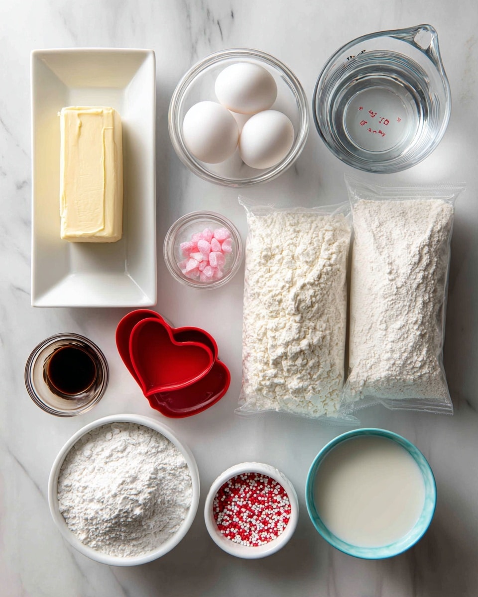 A white marbled surface holds several baking ingredients: a rectangular white plate with a stick of pale yellow butter at the top left, next to a small white bowl containing two white eggs, and a clear glass measuring cup with water at the top right. Below them, two clear bags filled with white flour sit side by side. Near the bottom left, a small glass vial with dark brown vanilla extract lies close to a red heart-shaped cookie cutter. At the center bottom, a round white bowl contains fine powdered sugar. At the center right, a tiny jar of red food coloring is near a small white bowl filled with pink, red, and white sprinkles, while a small blue bowl with white milk is placed nearby. The setup is neat and prepared for baking photo taken with an iphone --ar 4:5 --v 7