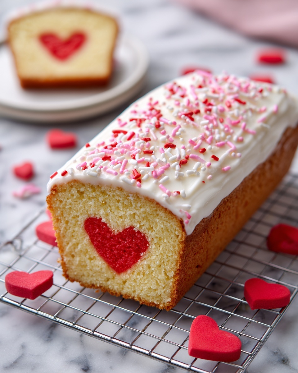 A loaf cake is shown sliced, revealing two layers inside. The outside layer is light golden with a soft texture. Inside, there is a bright red heart-shaped layer centered in the middle. The top of the cake is covered with a smooth white icing, decorated with small red and pink sprinkles scattered evenly. The cake is placed on a metal cooling rack over a white marbled surface. In front of the cake are small red heart-shaped cutouts, matching the heart layer inside the cake. In the background, there is a white plate with another slice of the same cake, also showing the red heart inside. Photo taken with an iphone --ar 4:5 --v 7