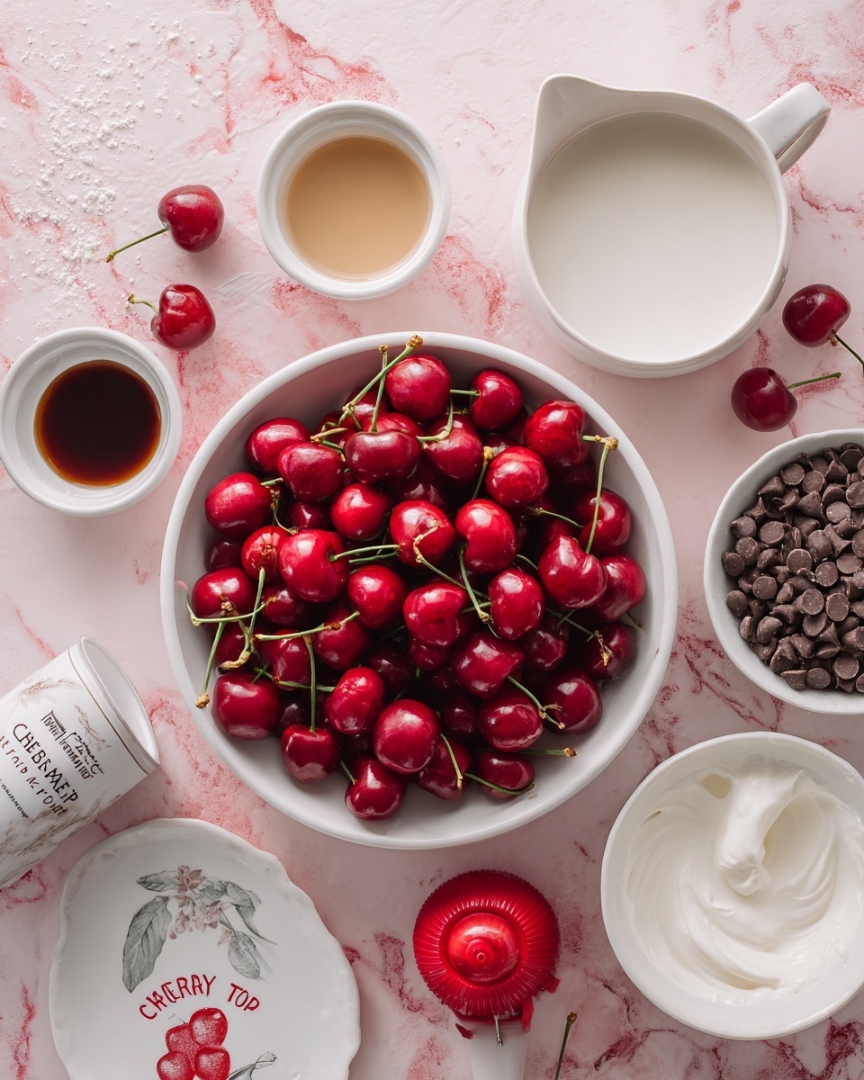 The image shows a white bowl full of red cherries with green stems, placed on a white marbled textured surface colored pink. Below it, a white bowl is filled with brown chocolate chips, next to a red cherry pitter tool. There are small white bowls around, one containing a creamy white liquid labeled condensed milk, another with a small amount of dark brown vanilla extract, a third bowl with white sugar, and a larger white bowl with heavy cream. Two small white plates with a cherry illustration and the words
