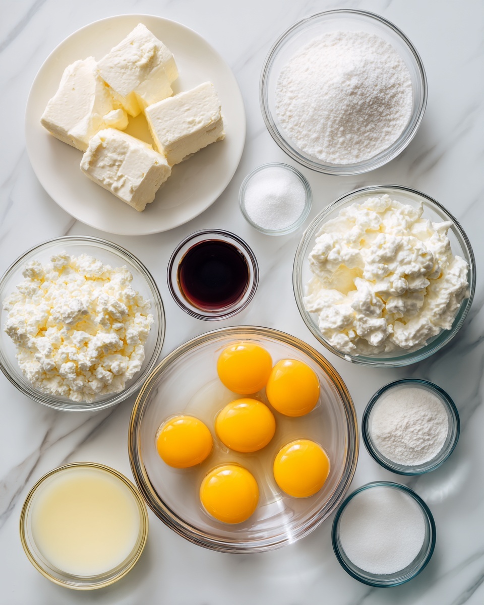 The image shows various ingredients in clear glass bowls and one white plate, all placed on a white marbled surface. In the center, there is a bowl with five raw eggs, their bright yellow yolks surrounded by clear egg whites. To the left, a white plate holds two blocks of cream cheese. Above it, a small bowl contains white powder, likely cornstarch, and next to it, a tiny bowl has a dark brown liquid, probably vanilla extract. Above the eggs, another glass bowl is filled with white granulated sugar. To the right of the eggs are two glass bowls filled with thick white dairy products, one looks like cottage cheese and the other like ricotta cheese. Below them, a small bowl of lemon juice and a tiny bowl of white powder, possibly baking powder, sit nearby. At the bottom left, a bowl contains a pale yellow liquid, maybe melted butter or juice. Everything is neatly arranged and clearly visible, showing a bright, clean, and well-lit setup. photo taken with an iphone --ar 4:5 --v 7