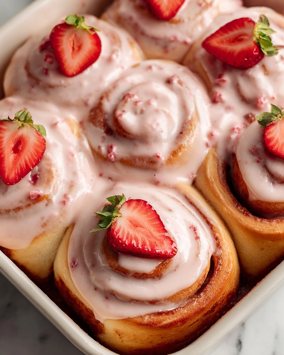 The image shows a close-up of a tray of about eight to nine cinnamon rolls covered fully with a thick layer of light pink strawberry cream frosting, which has small red specks in it. The rolls have a golden-brown color peeking through the frosting at the edges. On top of the frosting, there are five fresh strawberry halves placed randomly, adding a bright red and green color contrast. The tray is set on a white marbled surface. photo taken with an iphone --ar 4:5 --v 7