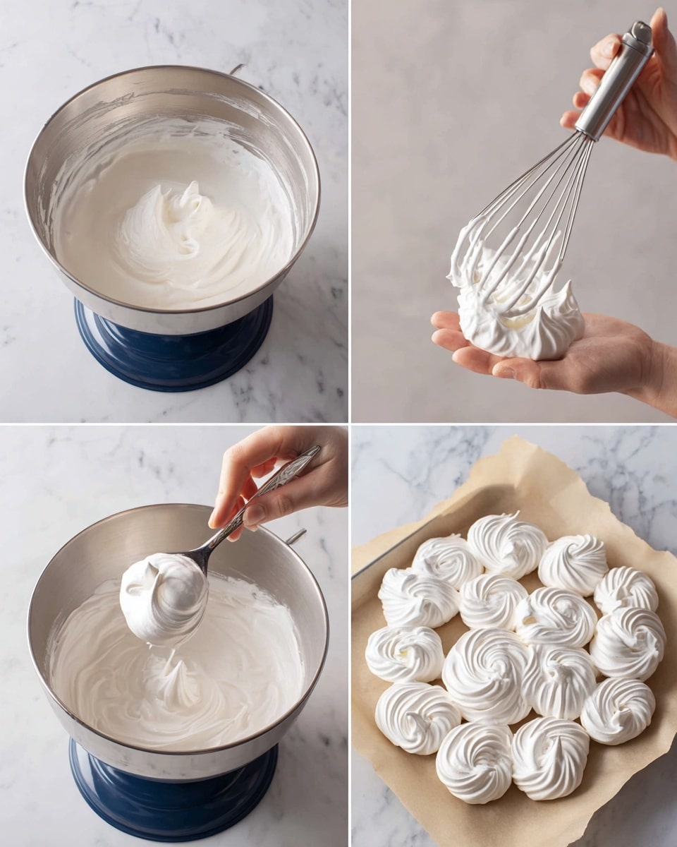 The image shows four steps of making meringue on a white marbled surface. The first part shows a shiny silver mixing bowl on a dark blue mixer stand filled with a smooth white foamy mixture. In the second part, a woman's hand holds a metal whisk with white soft peaks of meringue wrapped around the wires. The third part shows a woman's hands using two spoons to scoop and shape dollops of white meringue onto a large silver baking tray lined with light brown parchment paper. The final part is a close-up of several round, swirled, white meringue nests arranged on the same baking tray. Photo taken with an iphone --ar 4:5 --v 7