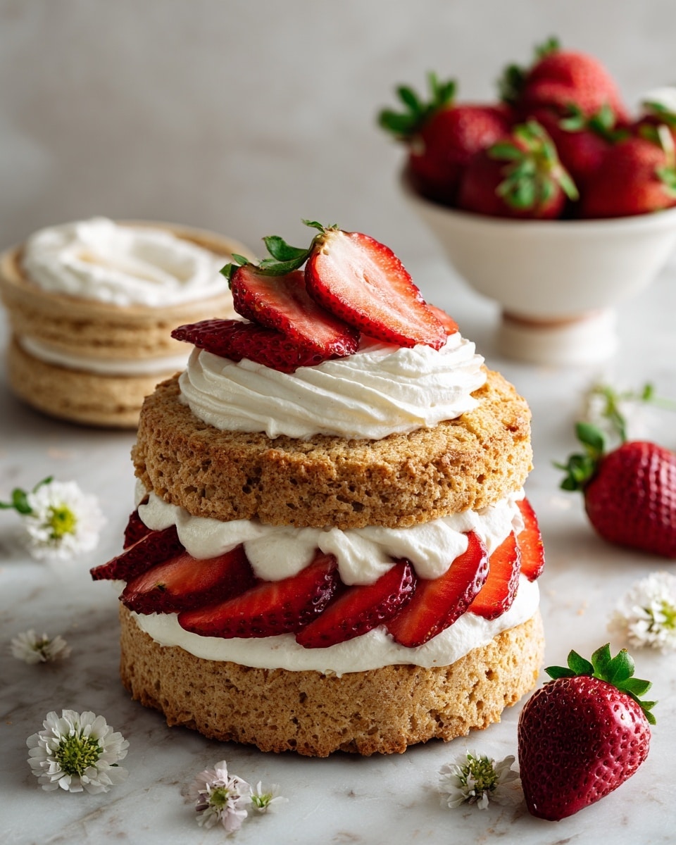 The image shows a strawberry shortcake made with three layers. The bottom layer is a round, light brown biscuit with a crumbly texture. The middle layer has a thick, white creamy layer topped with thin slices of bright red strawberries arranged neatly. The top layer is another round biscuit crown with a dollop of white cream and three strawberry slices on top. The shortcake sits on a white marbled surface with some scattered small white flowers and whole strawberries around it. Nearby are three stacked biscuits showing their detailed texture, a white bowl filled with fresh, vibrant red strawberries with green tops, and a small bowl filled with creamy white whipped cream. Photo taken with an iphone --ar 4:5 --v 7
