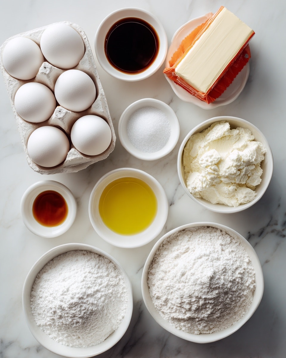 The image shows several baking ingredients neatly arranged on a white marbled surface. There are six white eggs in a white carton placed on the left side. Above the eggs, there are three small white bowls containing dark brown vanilla extract, a pinch of salt, and white granulated sugar. To the right of the eggs, there is a white rectangular stick of butter with an orange wrapper. Below these, two large round white bowls are filled with white powdered sugar and flour. A small white bowl with yellowish oil is placed near the powdered sugar. The overall scene is clean and bright, with the ingredients organized in a clear layout. photo taken with an iphone --ar 4:5 --v 7