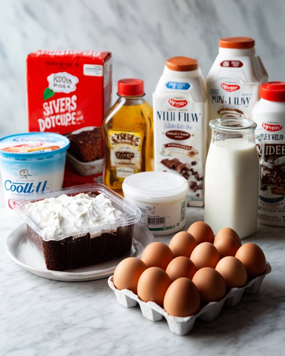 The image shows baking ingredients arranged on a table with a white marbled background. There is a container of Cool Whip on the left, a pack of Nestlé Toll House semi-sweet chocolate chips in front, and a box of Kroger Super Moist Devil's Food cake mix behind. In the center, there is a container of Hershey's cocoa powder. To the right, a white plate holds five brown eggs. Behind the eggs, there are two cartons of Hood heavy cream and whole milk, and bottles of Wesson canola oil and Mazola corn oil. All items are neatly placed and clearly visible, with natural light highlighting the textures and colors. Photo taken with an iphone --ar 4:5 --v 7