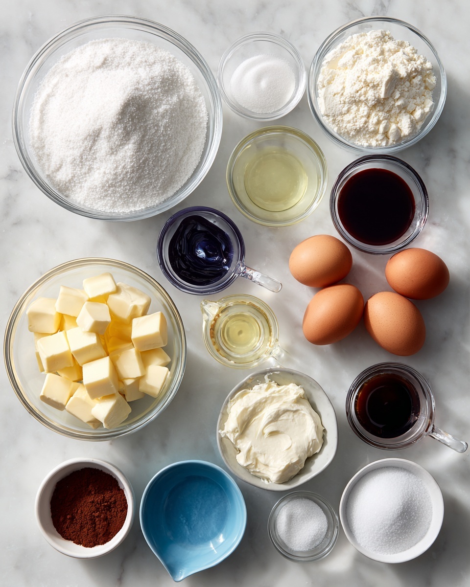 The image shows a top view of several clear glass bowls and small clear dishes arranged on a white marbled surface. In the top row, from left to right, there are two large bowls filled with white granulated sugar and white cake flour. Below them are smaller bowls with white sour cream, dark violet food coloring in a small round bowl, pale yellow oil in a glass measuring cup, and clear vinegar in a small dish. Lower down, there is a bowl of white cream cheese, three brown eggs lying close together, and a small dish of very dark royal blue food coloring. Toward the bottom left, a bowl contains light yellow unsalted butter cubes, and a bowl of brown cocoa powder is next to it. At the bottom right, small dishes hold white salt, dark brown vanilla extract, clear water, and white baking soda. All items are placed separately and clearly labeled with black text in a simple font. The scene is clean and bright with natural light. Photo taken with an iphone --ar 4:5 --v 7