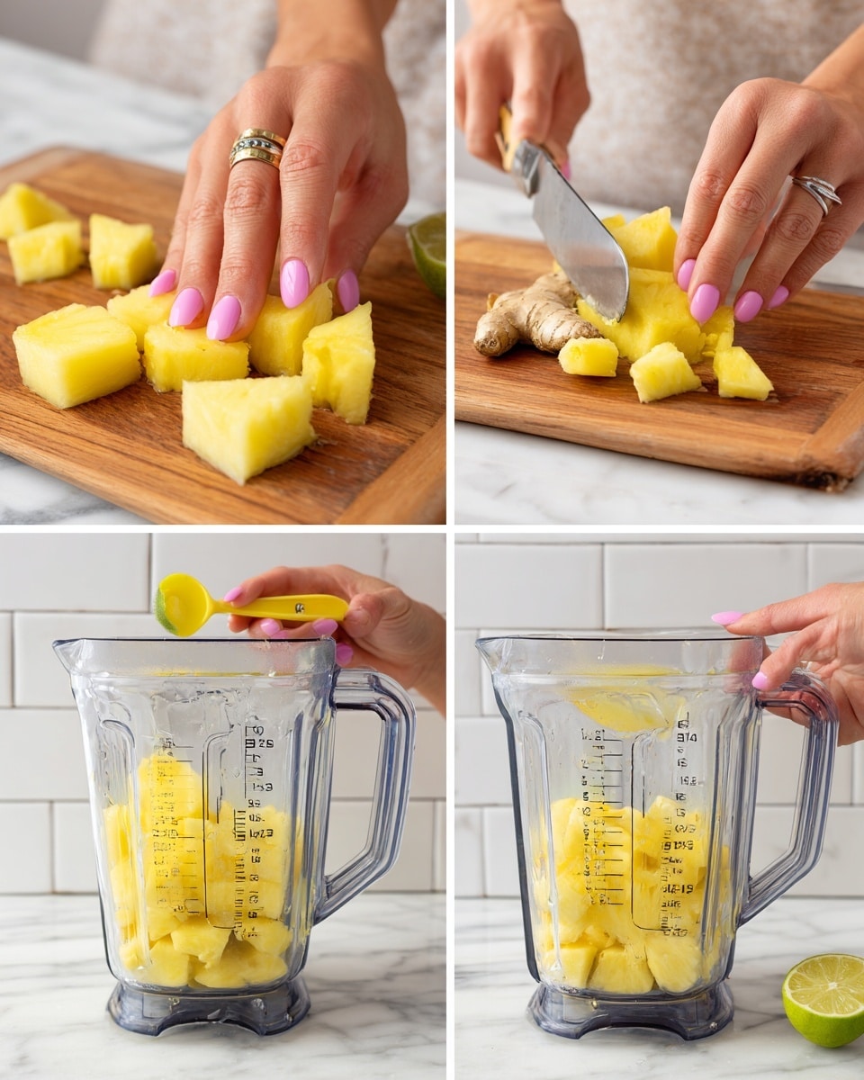 A collage of four images showing the process of making a pineapple blend. The first image shows a woman's hand with light pink nails cutting yellow pineapple chunks on a wooden cutting board. The second image shows a woman's hand scraping the skin off a piece of ginger root using a silver spoon over the same wooden cutting board. The third image shows a blender with clear sides and measurement marks filled with pineapple chunks and a woman's hand adding a yellow measuring spoon of diced mango inside. The fourth image shows a woman's hand squeezing a small lime wedge over the pineapple in the blender. The background is a white marbled textured surface with a white subway tile wall, photo taken with an iphone --ar 4:5 --v 7