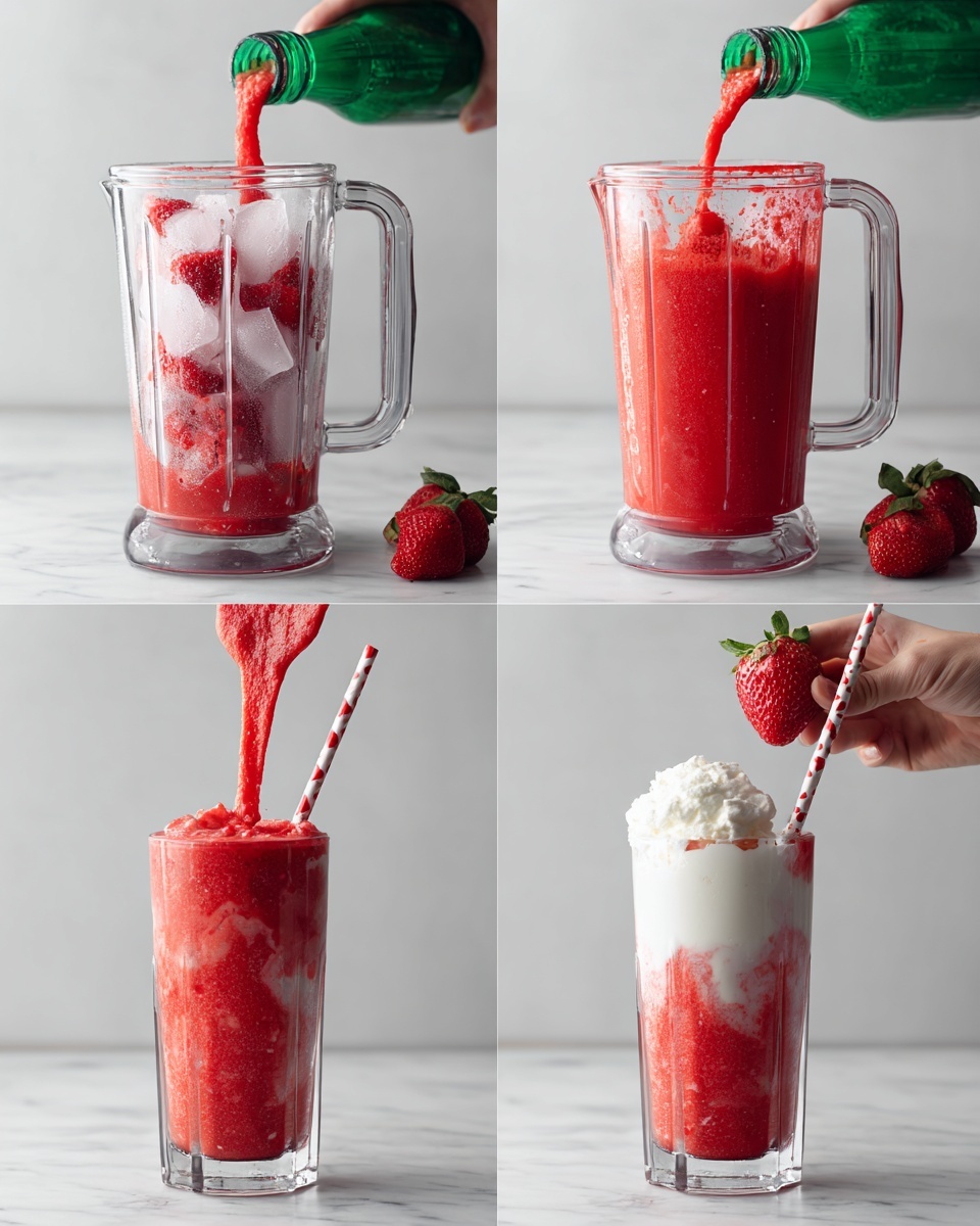 The image shows four steps of making a strawberry drink. The first step has a clear blender with red strawberries and white ice inside, liquid being poured in from a green-topped bottle. The second step shows the blender full of thick bright red blended strawberry mixture. The third step shows a woman's hand pouring the red strawberry mix over thick white cream in a tall clear glass, starting to create layers. The fourth step shows the finished drink with three visible layers: bright red strawberry mix on top and bottom, and a thick white cream layer in the middle, garnished with a red and white straw and a fresh strawberry being held by a woman's hand, all on a white marbled surface. Photo taken with an iphone --ar 4:5 --v 7