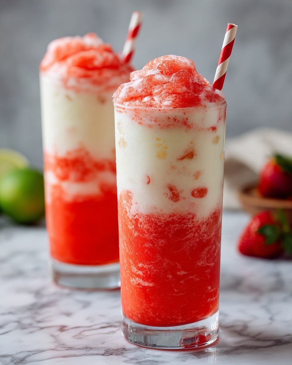 Two tall clear glasses are filled with three thick layers alternating red and white. The bottom layer is red with a rough texture, followed by a smooth white cream layer in the middle, then another thick red layer topping it with a bubbly, slushy look. One glass shows a thick swirl of red frozen mixture rising slightly over the rim. A white and red striped straw sticks out from the top. The glasses sit on a white marbled surface with a blurry green lime and red strawberries in the background. Photo taken with an iphone --ar 4:5 --v 7