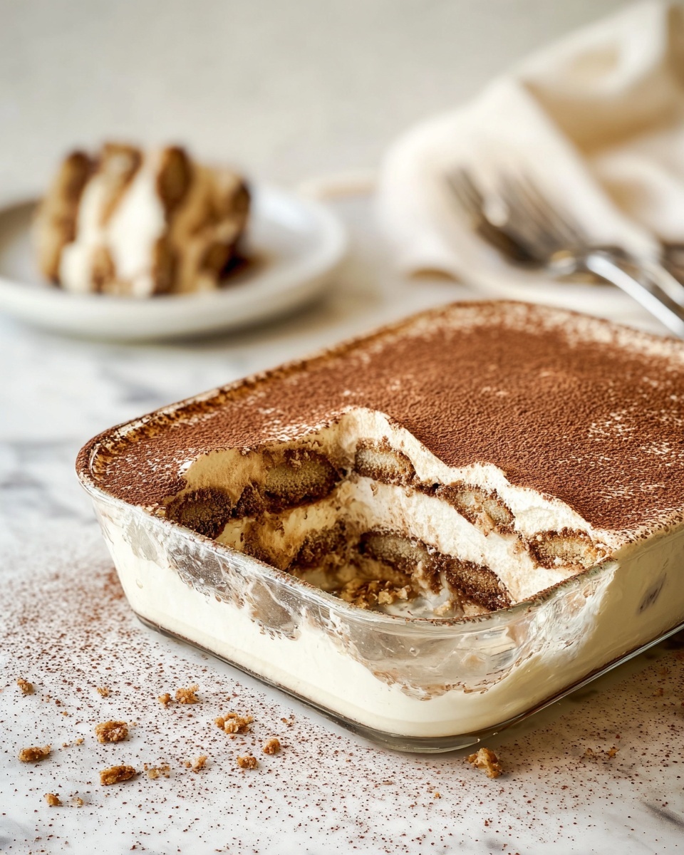 A large clear glass dish filled with a layered dessert showing at least three visible layers: a creamy white layer, a light brown coffee-soaked layer, and another creamy layer on top, dusted generously with cocoa powder and small crumbles. A portion is missing from the front corner, revealing the layers inside. In the blurred background, a white plate holds a single slice of the dessert with a shiny silver fork resting on the plate. The setting is on a white marbled surface with a soft beige cloth and scattered nuts for decoration. Photo taken with an iphone --ar 4:5 --v 7