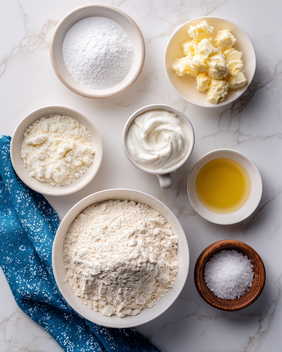 This image shows several white bowls and a white cup placed on a white marbled surface. There is a large white bowl at the bottom filled with light beige flour. Above it, a white cup holds thick white yogurt. To the left, a white bowl has white powdered sugar. On the right side, there are three small white bowls with melted golden butter, clear liquid, and white granulated sugar. At the bottom right, a small wooden bowl contains coarse white salt. A folded blue cloth with small white patterns lies on the left side. Photo taken with an iphone --ar 4:5 --v 7