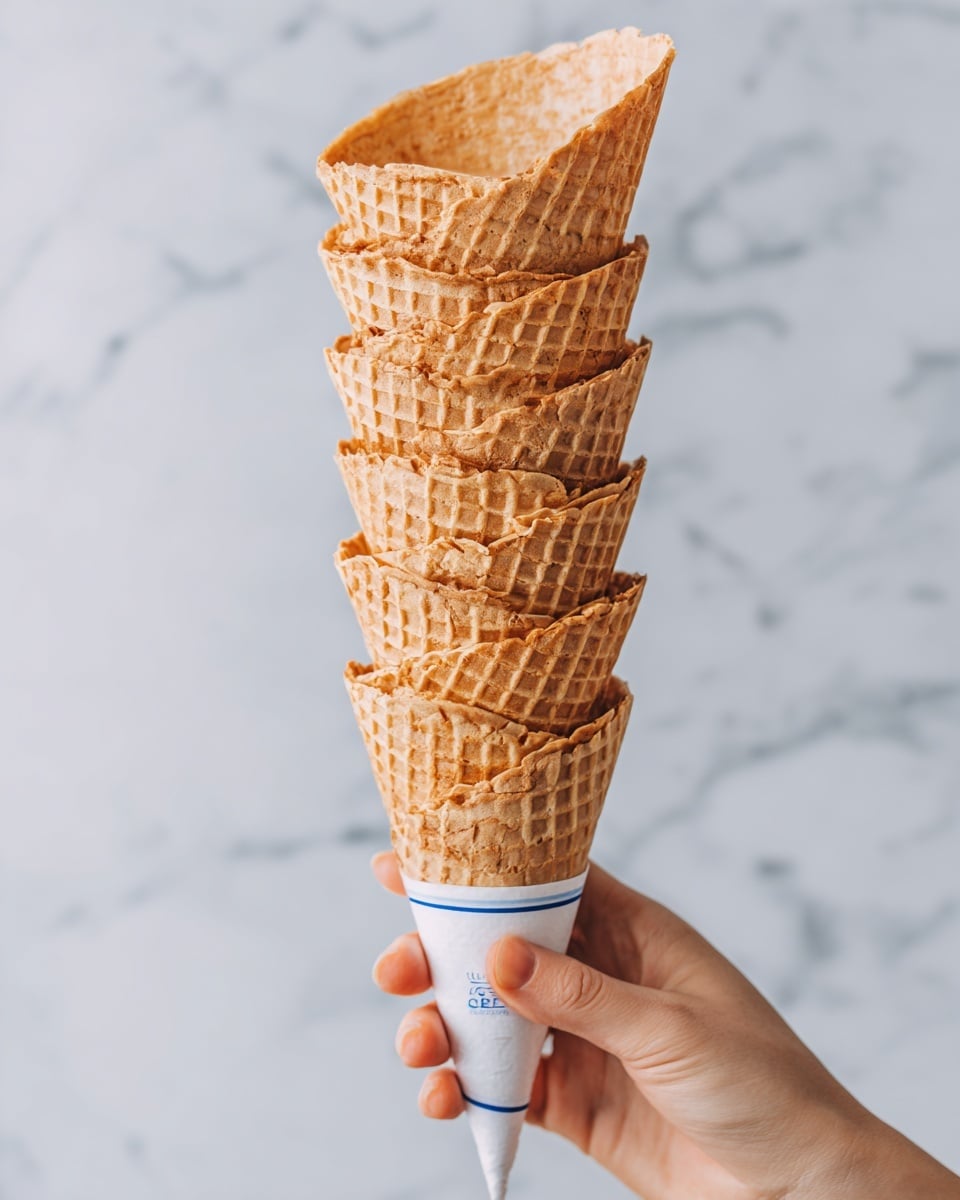 A woman's hand holds a tall stack of seven waffle cones arranged vertically, showing the detailed grid pattern and light brown color of the cones. The cones are wrapped in white paper with a blue border near the top, providing a neat grip. The background and surface are both a clean white marbled texture, creating a minimal and fresh look. photo taken with an iphone --ar 4:5 --v 7
