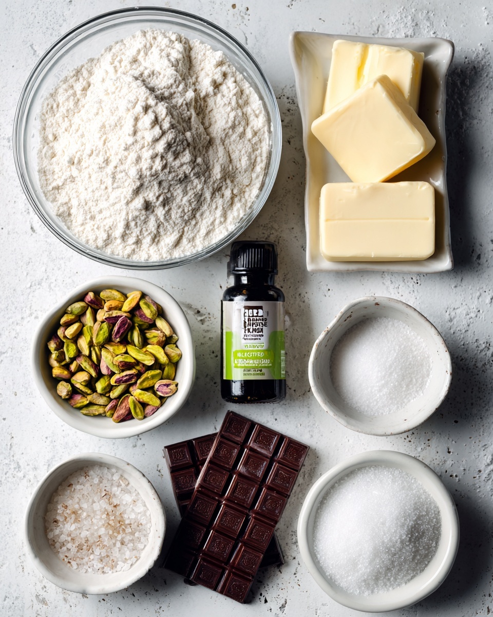 A top-down photo features various baking ingredients arranged on a white marbled surface. In the center is a clear glass bowl filled with white all-purpose flour that has a soft, powdery texture. To the right, there are two sticks of pale yellow unsalted butter placed side by side. Below the flour bowl is a small dark brown bottle of vanilla extract with a green label and white text. A white bowl filled with chopped lightly salted pistachios that are green and brown is placed to the lower left. Next to the pistachios is a small white bowl of coarse sea salt, showing large white crystals. Below it, another small white bowl contains fine white kosher salt. Towards the right is a white bowl filled with granulated sugar, showing small white grains. At the bottom of the image is a dark brown bar of baking bittersweet chocolate with a reddish berry image on the packaging. Each ingredient is labeled with large black text on white backgrounds above or next to them. The entire scene is clear and bright, creating a fresh baking setup. Photo taken with an iphone --ar 4:5 --v 7