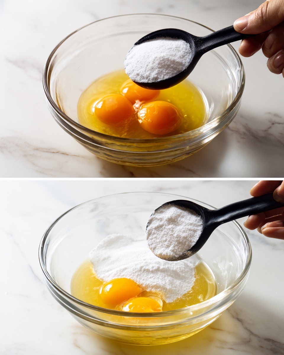 Two images side by side on a white marbled surface show a clear glass mixing bowl. In the first image, a woman's hands are breaking two raw eggs into the bowl, with the bright orange yolks and clear whites visible inside. In the second image, the bowl now contains a layer of white granulated sugar covering a yellowish liquid base, while a woman's hand holds a black measuring spoon filled with white powder above the bowl. The bowl has smooth, rounded edges and the lighting highlights the textures of the ingredients. photo taken with an iphone --ar 4:5 --v 7