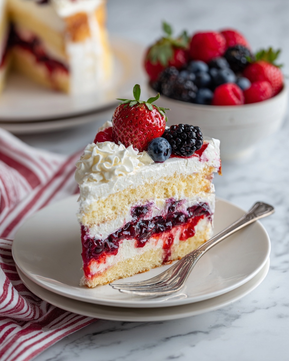 A square piece of layered berry cake on a white plate, showing four layers: the bottom layer is a light, fluffy cake soaked with berry juice giving a pink color; above it is a creamy pale yellow custard layer with whole berries mixed in; the next layer is another light cake with visible berry bits; and the top layer is smooth white cream. The slice is topped with fresh berries including a whole strawberry, blackberry, and blueberry. In the background, another slice of the same cake is on a white plate next to a white bowl filled with a mix of berries, all set against a white marbled surface with a red and white striped cloth. Photo taken with an iphone --ar 4:5 --v 7