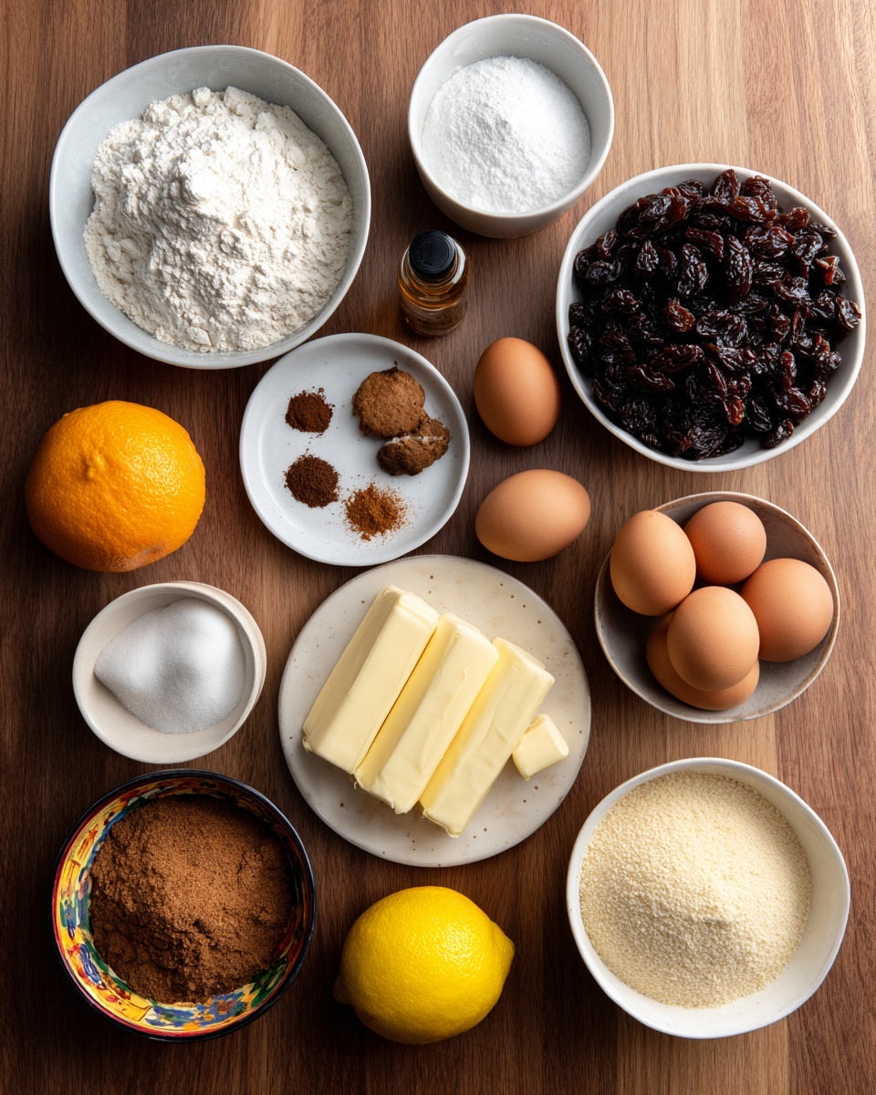 The image shows an overhead view of baking ingredients arranged on a smooth wooden surface. There is a large white bowl filled with dark brown and black mixed dried fruits at the top right, next to a white bowl of white flour at the top left. Below the flour is a small white plate with several brown spices placed in small piles, plus a pinch of salt. A small bottle of vanilla extract is placed near the center. To the right of the vanilla extract is a small white plate with two thick pale yellow sticks of butter. Below the butter is a colorful bowl filled with brown sugar. Four brown eggs are grouped near the center of the image, accompanied by an orange and a lemon at the bottom. A white bowl with a pale yellow powder, likely almond flour, is at the bottom right. The whole setup is neat and highlights the natural colors and textures of the ingredients on the wood surface. photo taken with an iphone --ar 4:5 --v 7