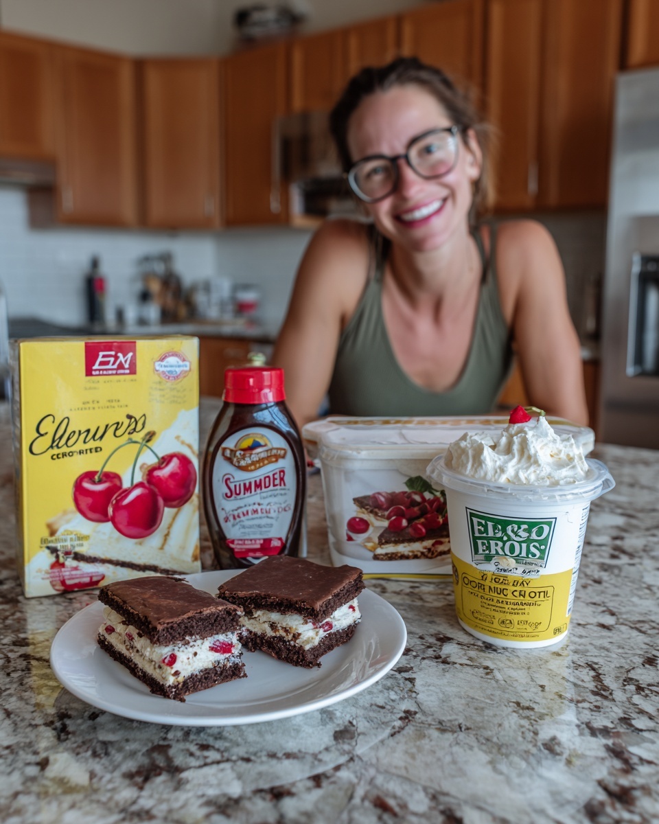 A yellow and red box of chocolate ice cream sandwiches sits in the front left, showing two chocolate sandwiches on a white plate. To its right, there is a white can with a green label of E.D. Smith cherry pie filling, showing bright red cherries and a piece of cherry pie. Behind it, a brown bottle of Smucker's sundae syrup stands tall. Next to the can, there is a white plastic tub of whipped topping with yellow and white labeling, featuring a picture of a slice of pie topped with the whipped topping. The items rest on a white marbled countertop with gray and beige spots. A woman with glasses and a green tank top smiles behind the items, with kitchen cabinets and a tiled backsplash in soft focus. Photo taken with an iphone --ar 4:5 --v 7