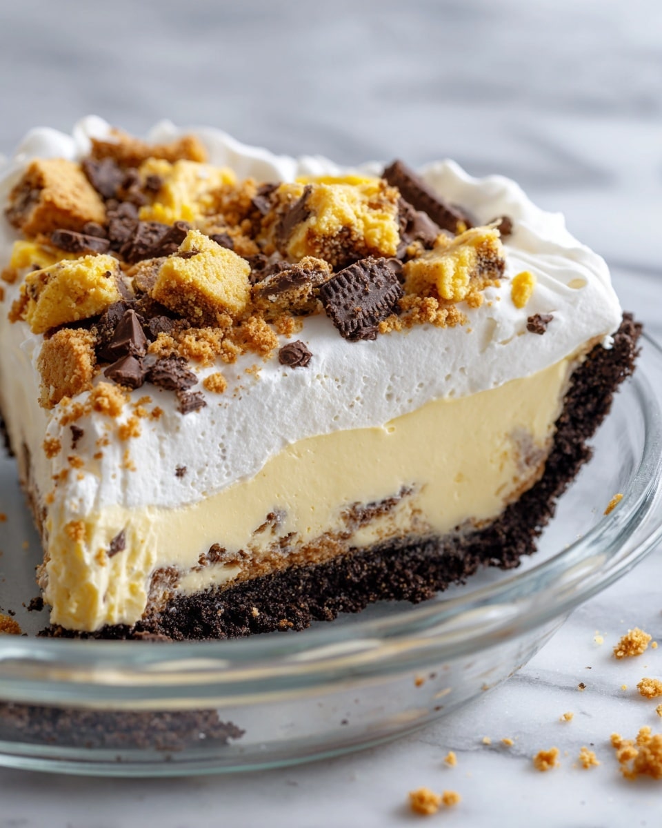 A close-up of a dessert in a clear glass dish showing four layers: the bottom layer is dark brown with a crumbly texture, the second layer is thick and smooth yellow custard, the third layer is a white fluffy cream, and the top layer is a mix of crushed cookies that are mostly light brown with some dark brown pieces scattered on top and around the edges. The dish is on a white marbled surface. photo taken with an iphone --ar 4:5 --v 7