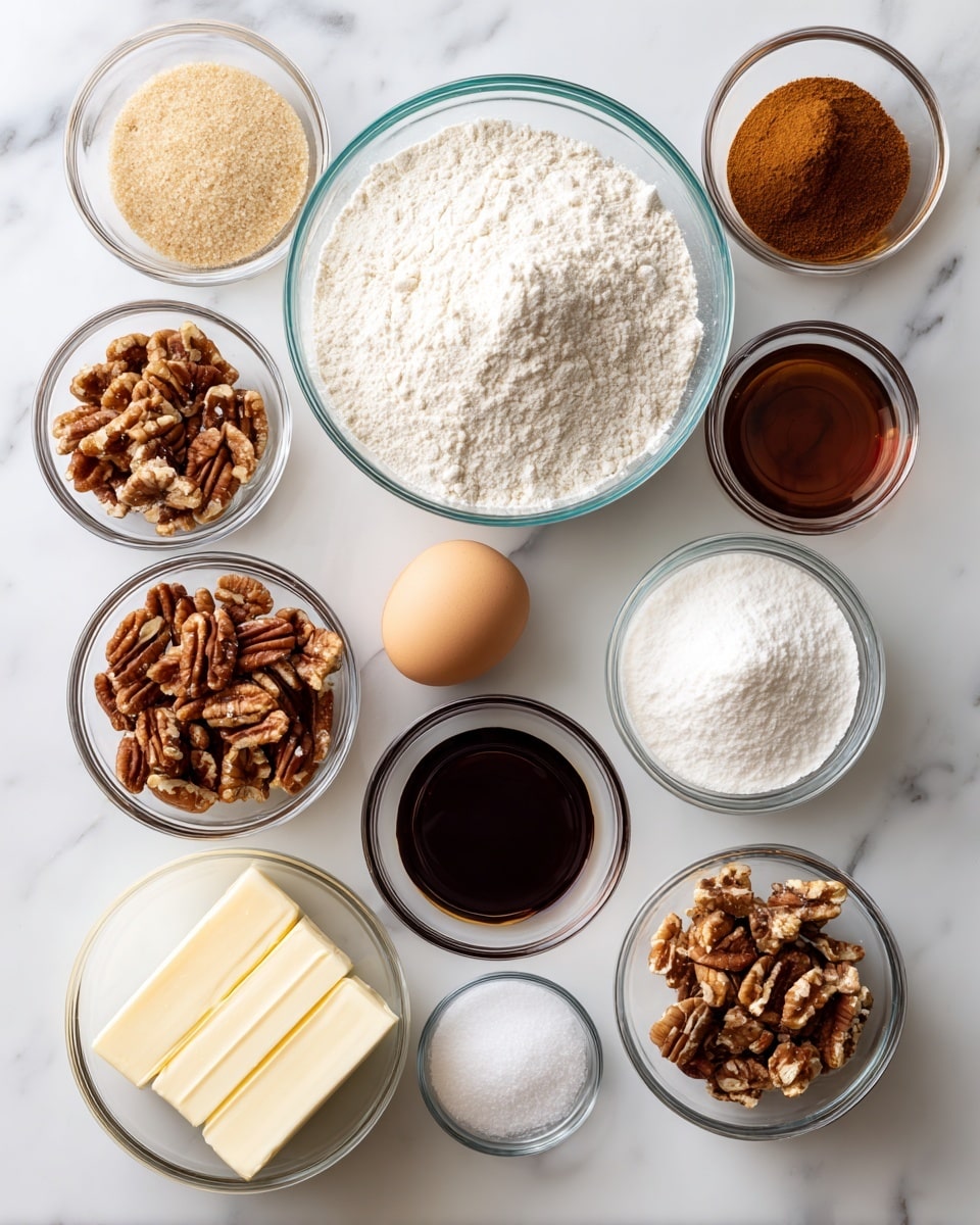 The image shows various baking ingredients arranged on a white marbled surface. There is a large glass bowl in the center filled with white flour, and surrounding it are smaller glass bowls containing light brown sugar, chopped pecans, two different dark liquids possibly vanilla extract and syrup, a raw brown egg, white granulated sugar, a small amount of baking soda, and ground cinnamon. Two sticks of pale yellow butter are placed near the center front. Each ingredient is cleanly placed in transparent bowls or containers, with the colors ranging from white to multiple shades of brown, organized neatly for a baking setup. photo taken with an iphone --ar 4:5 --v 7