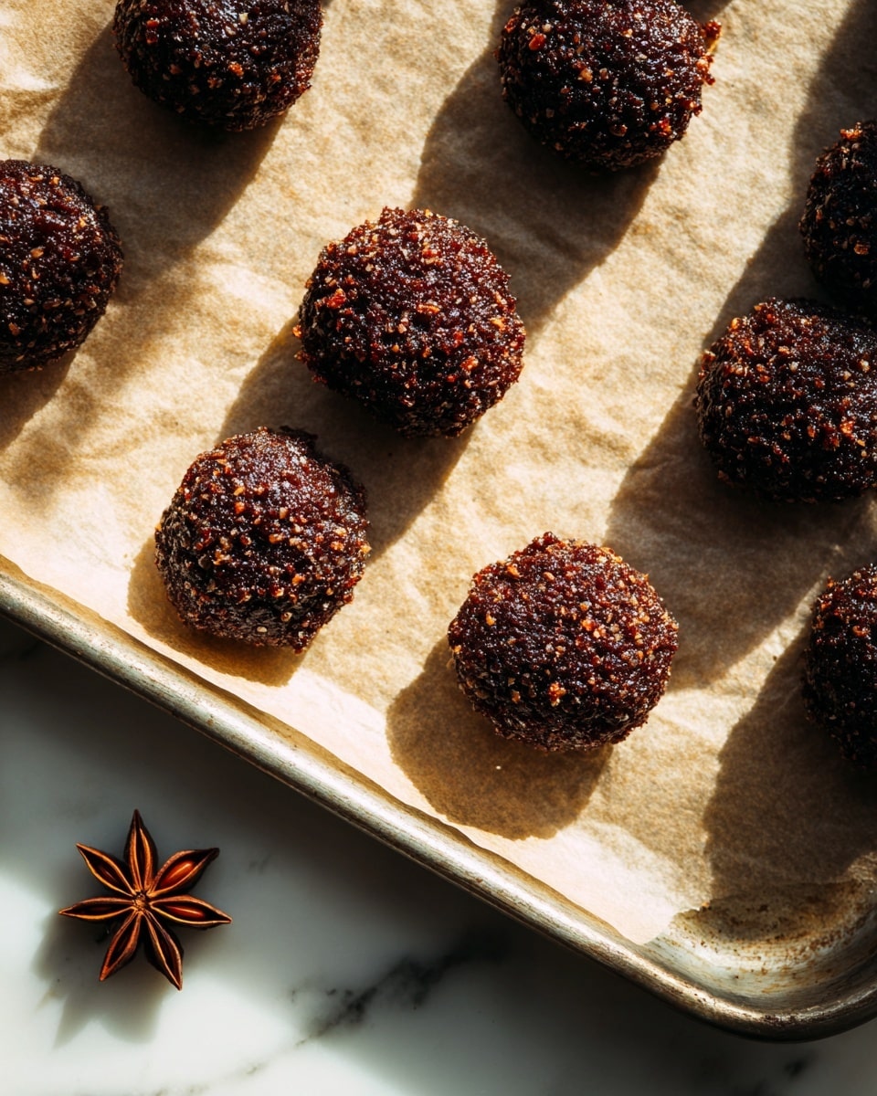 The image shows a baking tray lined with pale parchment paper holding scattered lumps of dark brown dough that have a grainy texture and uneven, rough edges. The dough pieces are uneven in size and placed randomly across the tray with bright sunlight casting deep shadows that highlight their crunchy and crumbly look. At the bottom left corner lies a single dark brown star anise with a smooth, glossy surface. The background is a white marbled texture. photo taken with an iphone --ar 4:5 --v 7