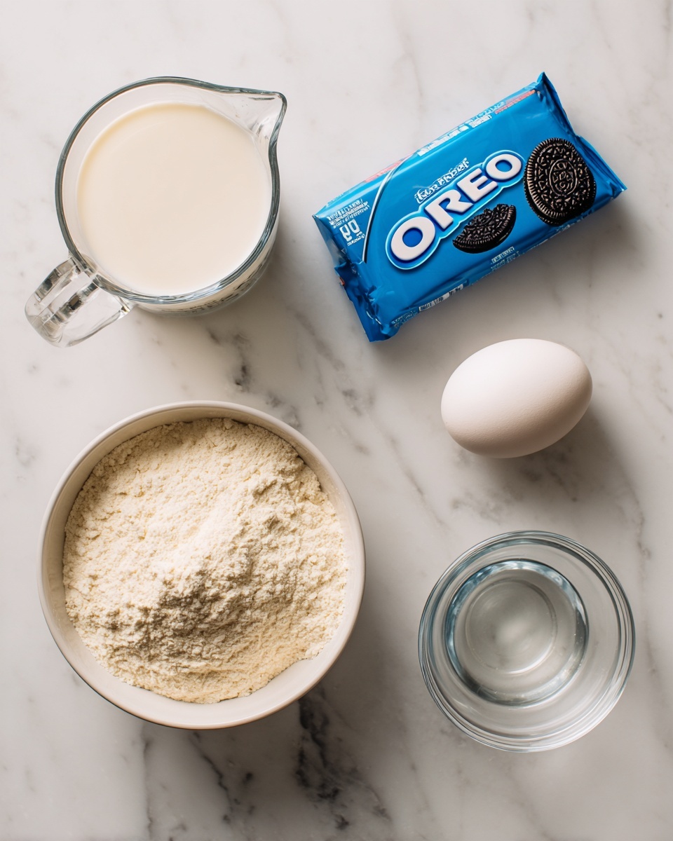 The image shows a top view of five items arranged on a white marbled surface: a clear glass measuring cup filled with milk at the top left, a white egg to its right, a blue pack of Oreo cookies placed on the upper right side, a white bowl filled with pale yellow flour at the bottom left, and a small clear glass bowl holding a transparent liquid at the bottom right. The scene is bright and clean with all items neatly spaced. photo taken with an iphone --ar 4:5 --v 7