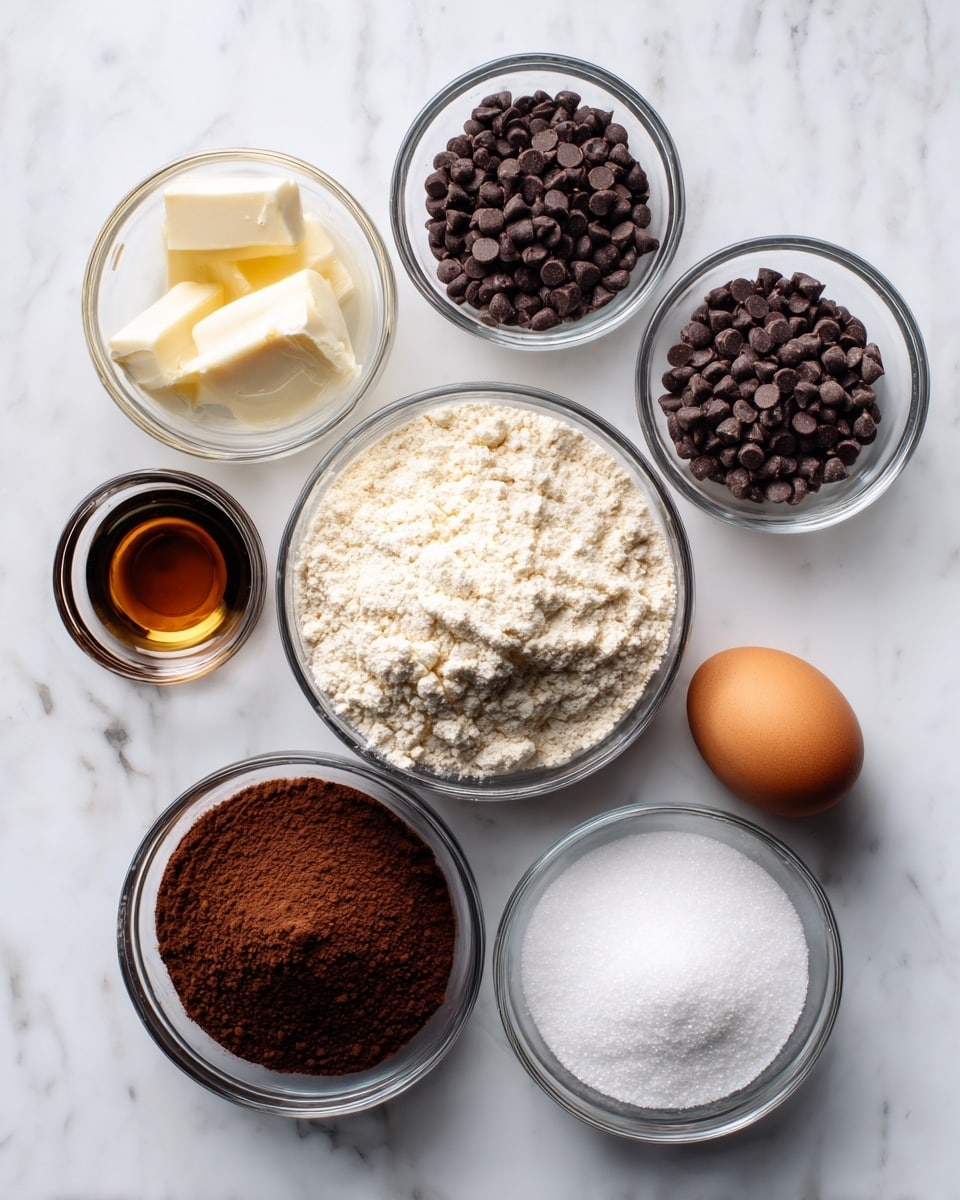 The image shows eight clear glass bowls and one brown egg arranged on a white marbled surface. In the center is a bowl filled with light beige flour. Above and to the right is a bowl with medium brown chocolate chips, and below it is a small bowl with dark chocolate mini chips. To the left of the flour bowl is a bowl with white solid oil or butter, and below it is a bowl filled with dark brown cocoa powder. Below the cocoa powder is a small bowl with dark amber vanilla liquid. To the right of the vanilla bowl is a small bowl with white salt crystals. At the bottom right is a bowl filled with white sugar. The brown egg is placed at the left center beside the flour bowl. Each ingredient is labeled in large black or white simple font over the bowls or egg. Photo taken with an iphone --ar 4:5 --v 7