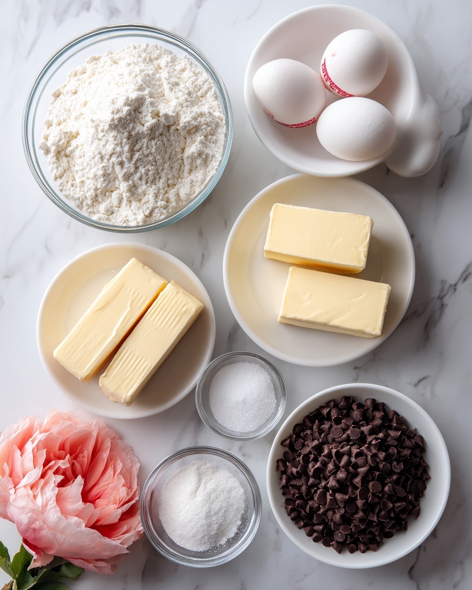 The image shows eight ingredients neatly arranged on a white marbled surface. Starting from the top left, a clear glass bowl filled with white flour is next to a white bowl holding three whole eggs. To the right of the eggs are two sticks of butter, pale yellow with red measurement lines, stacked. Below the flour is a clear glass bowl of white sugar, and to its right is a white bowl filled with dark brown semi-sweet chocolate chips. Below the sugar is a smaller clear bowl holding dark cocoa powder, and to the right of that is a tiny clear bowl with powdered sugar. A soft pink flower is partly visible on the left side. The arrangement is clean and bright, showing clear separation between each ingredient. Photo taken with an iphone --ar 4:5 --v 7