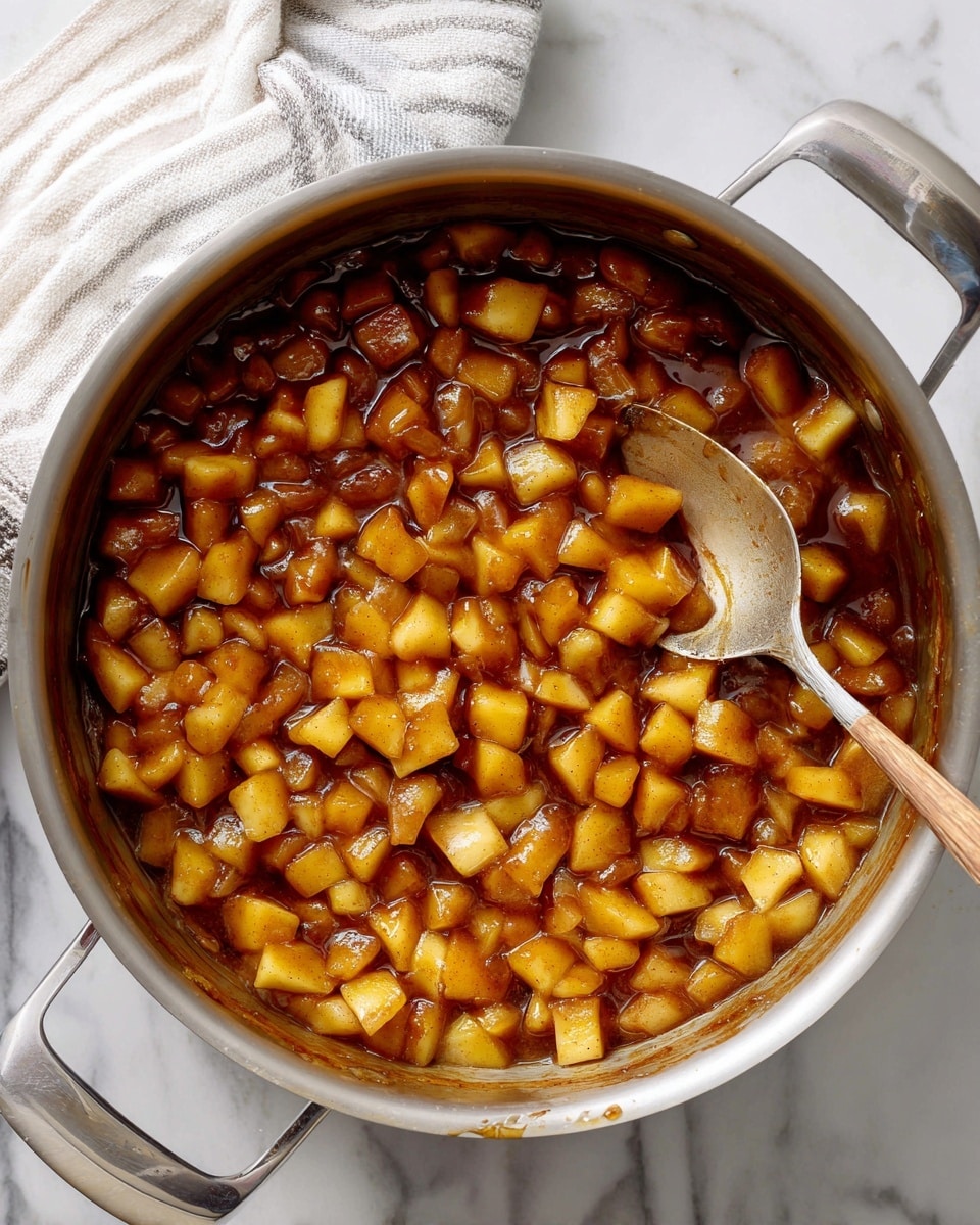 A metal cooking pot filled with small, soft, brown pieces of cooked apples sitting in a sticky sauce, the diced apple pieces have a shiny and slightly caramelized texture. There is a silver spoon resting inside the pot, stirring some of the apple mixture. The pot is placed on a white marbled surface with a white and gray striped cloth nearby. The pot shows some browning on the sides from cooking. Photo taken with an iphone --ar 4:5 --v 7