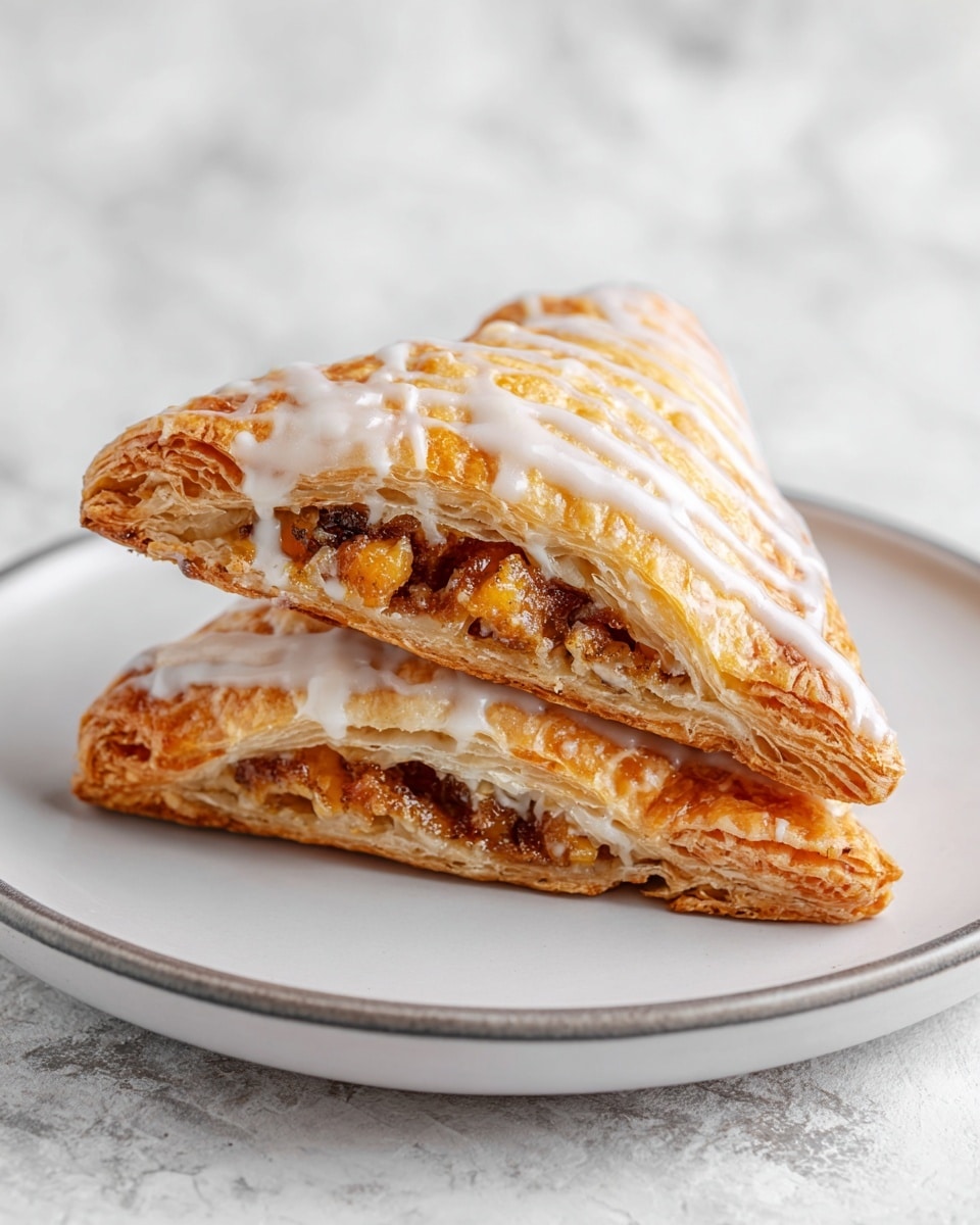 A triangular shaped pastry with a golden-brown flaky crust sits on a white round plate with a thin dark rim, placed on a white marbled texture surface. The pastry has a rough texture with visible layers peeling off, and it’s half-open, revealing a filling of small, soft, cooked pieces in light brown and tan colors inside. A drizzle of pale glaze lightly coats parts of the top crust. In the background, a cooling rack lined with a white and black striped cloth is partly visible. Photo taken with an iphone --ar 4:5 --v 7