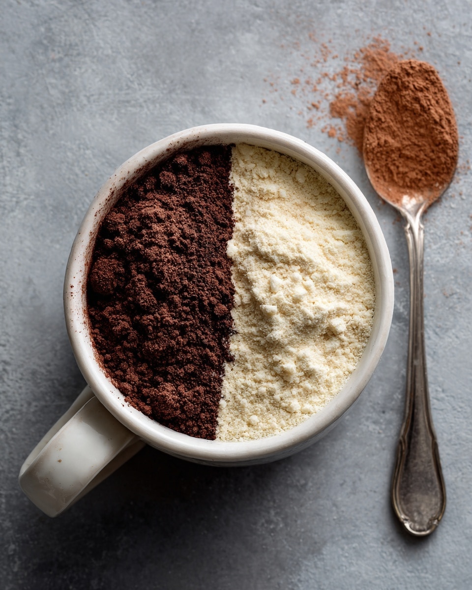 A white mug is shown from above, filled halfway with two dry powders placed side by side inside: the left half is a dark brown cocoa powder, rough and slightly clumpy, and the right half is a light tan flour with a finer texture. The inside rim of the mug has a little powder dust on it. Next to the mug is a silver spoon with some brown powder residue on it, resting on a gray textured surface. photo taken with an iphone --ar 4:5 --v 7