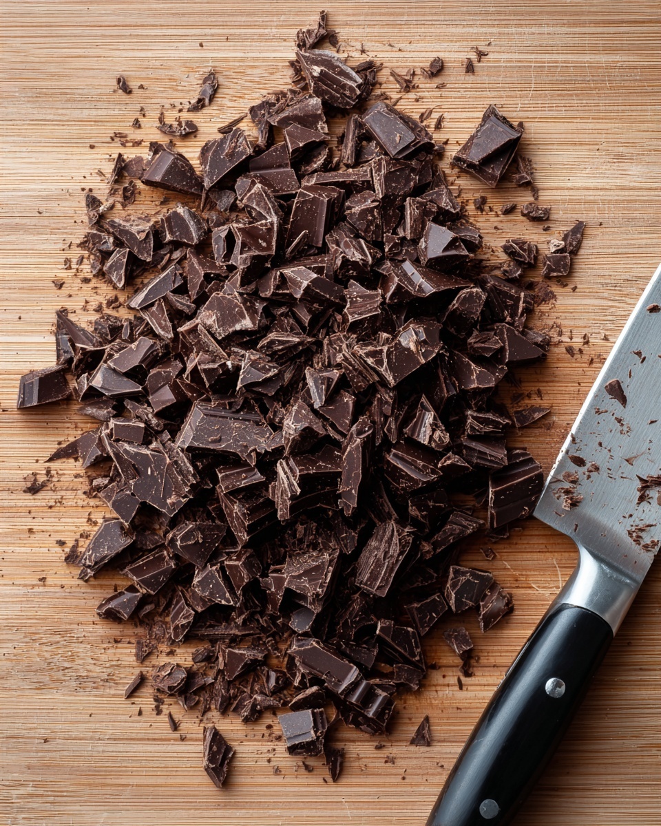 A pile of dark brown chopped chocolate with a mix of small crumbs and larger chunks sits centered on a wooden board. The chocolate pieces show sharp edges and rough texture. To the right side of the board, there is a knife with a silver blade that has some chocolate bits sticking to it, and a black handle. The wooden board has a natural grain and warm tone that contrasts with the deep brown chocolate. photo taken with an iphone --ar 4:5 --v 7