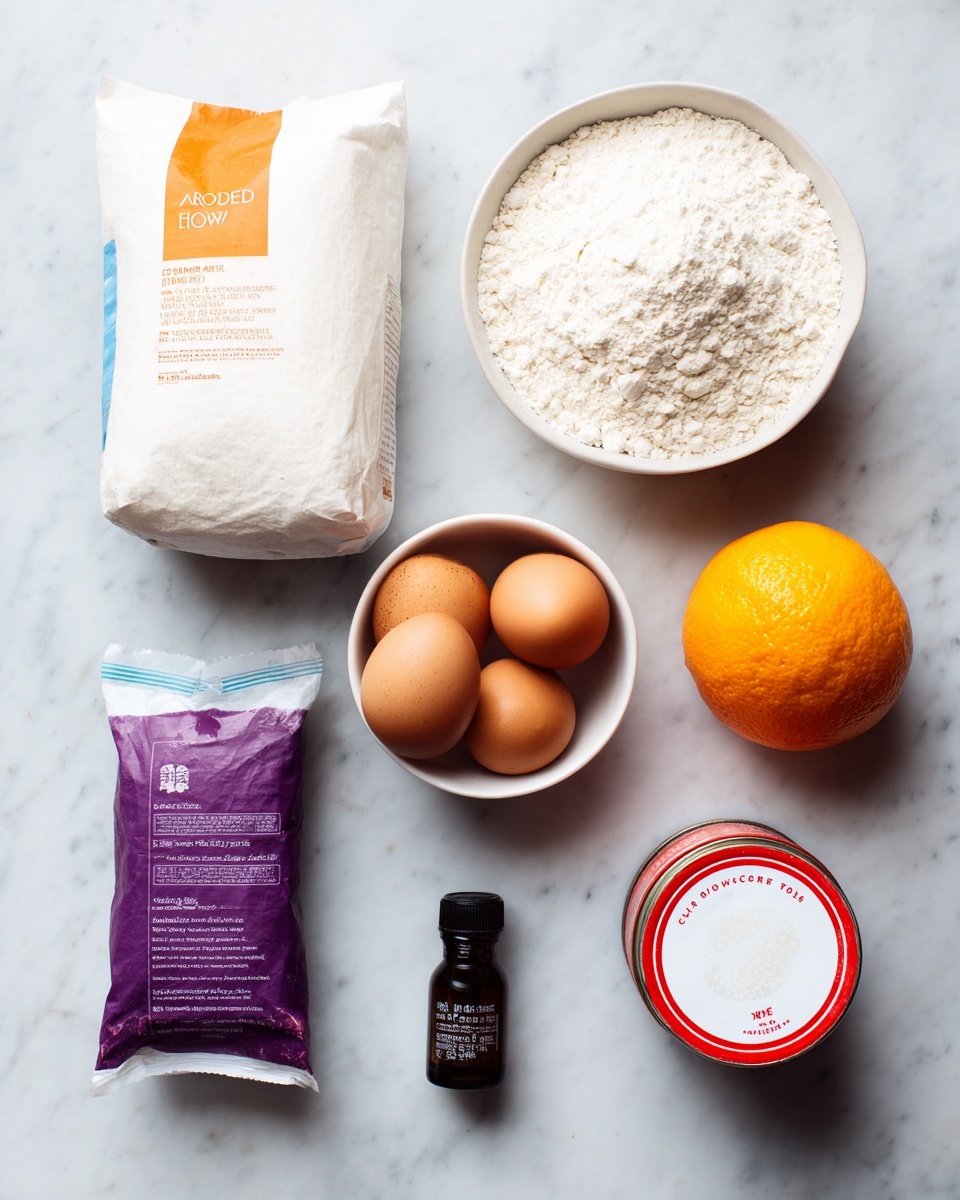 The image shows six baking ingredients placed neatly on a white marbled surface. At the top left is a white bag of almond flour with orange and black text. To the right is a white bag of fine granulated sugar with a blue section on the lower part of the bag. Below the almond flour is a whole orange with bright orange skin. In the middle sits a small white bowl filled with three brown eggs. To the right of the eggs is a small dark brown bottle of vanilla extract. At the bottom left is a purple and white bag of icing sugar, and to its right is a red and white tin of cream of tartar. Each item is spaced evenly, creating a clear and organized layout. photo taken with an iphone --ar 4:5 --v 7