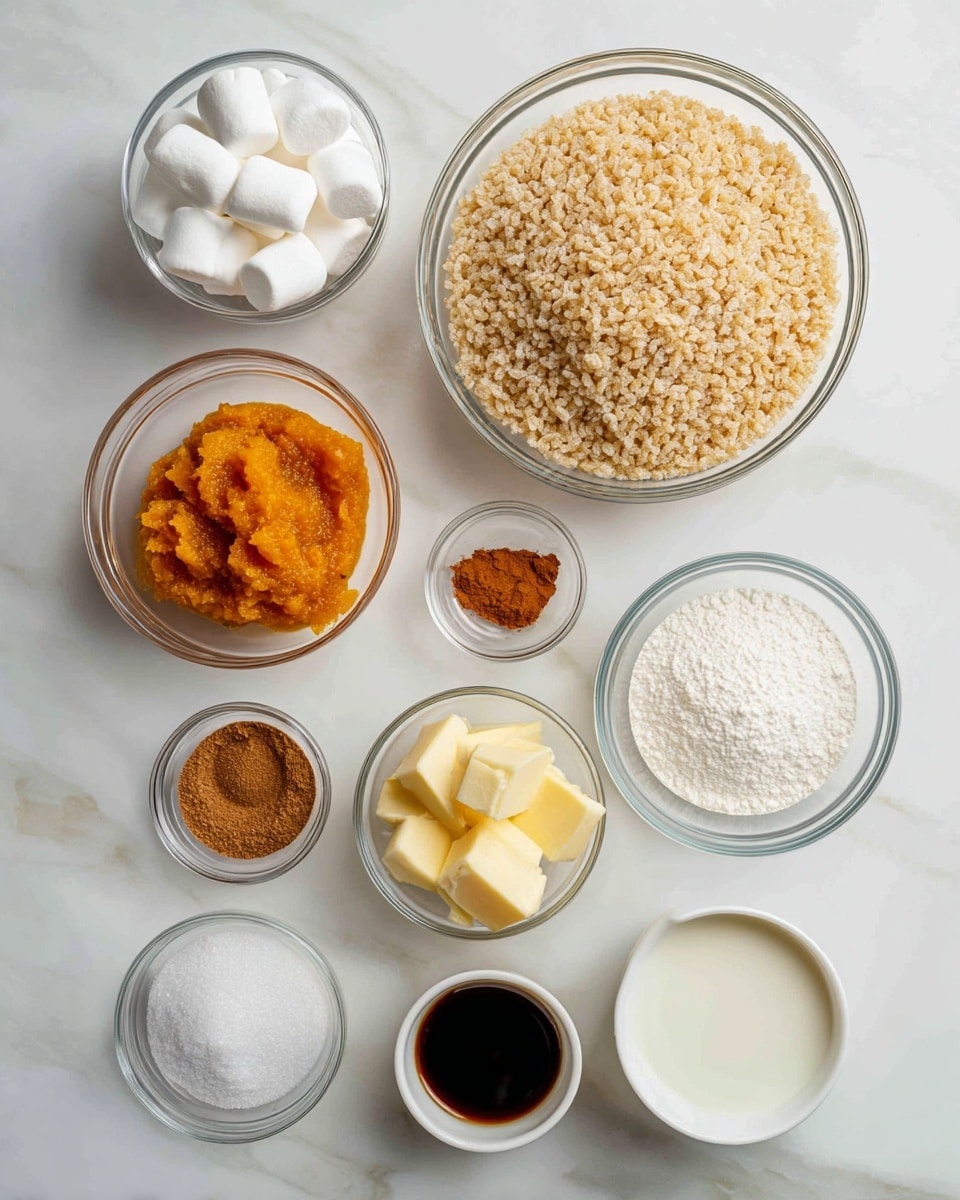A top-down view of several small and large clear glass bowls arranged on a white marbled surface. The largest bowl at the top right is filled with beige puffed rice cereal. Below it, a large bowl holds many small white marshmallows. To the left of the cereal bowl, a small bowl contains orange pumpkin puree. Above this, two small bowls each have orange-brown cinnamon powder with a little white powder beside it. Near the center, a small bowl holds dark brown vanilla extract. At the bottom right, three small scoops of pale yellow butter sit in a small bowl. Near the bottom edge, a small bowl holds white powdered sugar and another bowl contains white milk. The setup looks clean and organized, ready for mixing ingredients. photo taken with an iphone --ar 4:5 --v 7
