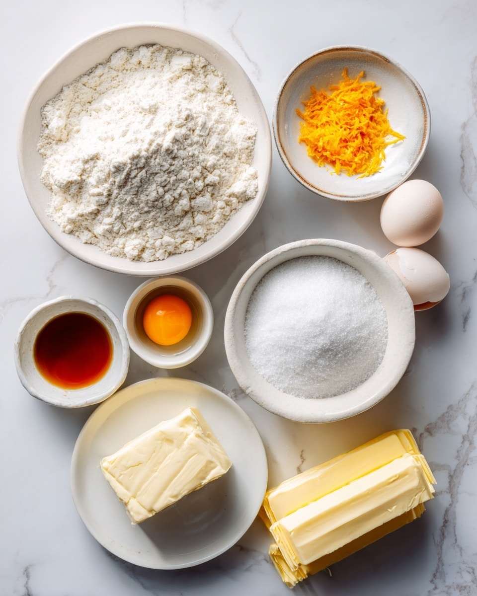 A top view of several white bowls and plates arranged on a white marbled surface, each holding a different baking ingredient: one large bowl filled with white flour with visible texture, a smaller bowl with white granulated sugar, another bowl containing a bright orange zest, a plate with a block of white cream cheese, a bowl holding a whole egg yolk, a small bowl with light brown vanilla extract, and two sticks of butter in yellow wrappers placed side by side at the bottom right. The ingredients are evenly spaced and lit softly, showing clear details and textures. Photo taken with an iphone --ar 4:5 --v 7