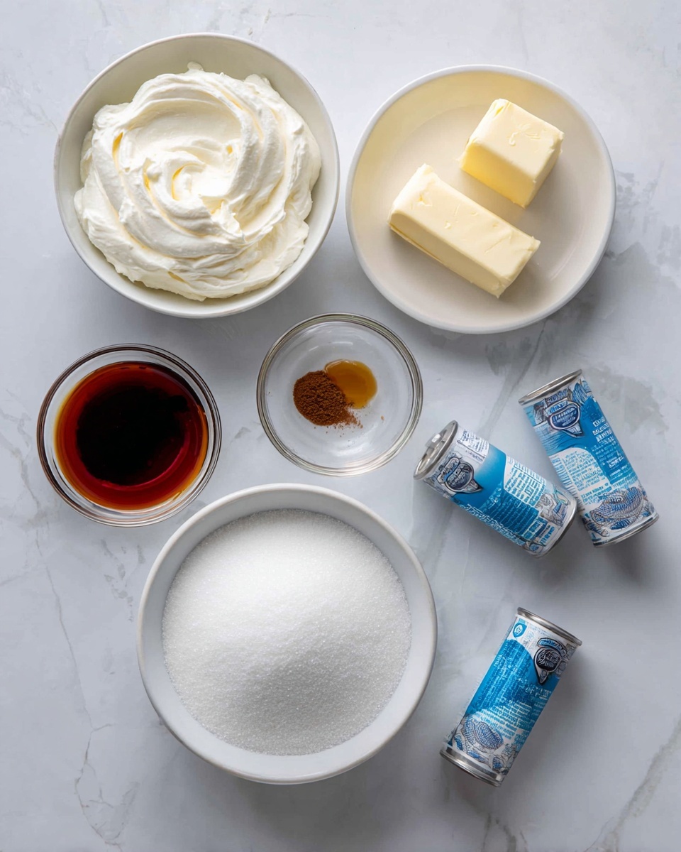 The image shows six ingredients placed on a surface with a white marbled texture. There are two white bowls, one filled with white creamy cream cheese and the other holding a light yellow chunk of butter. Two small clear glass bowls contain a small amount of light brown vanilla extract and a small pinch of dark brown ground cinnamon. Two silver cans with blue and white labels lie on their sides next to a larger white bowl filled with white sugar. All items are neatly arranged in a flat lay style. photo taken with an iphone --ar 4:5 --v 7