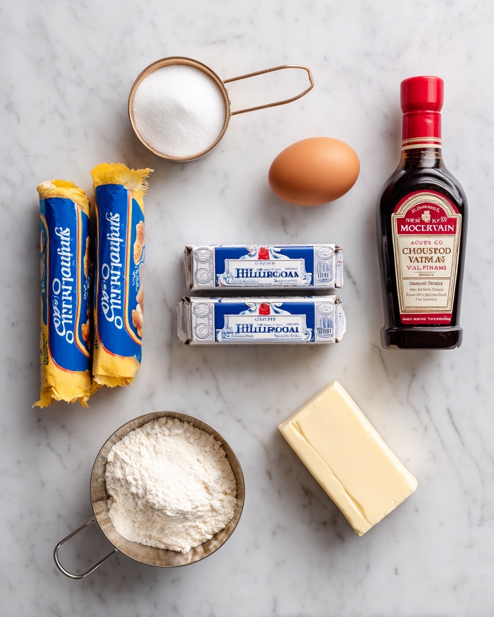 A flat lay image on a white marbled surface showing baking ingredients arranged neatly: two blue and yellow tubes of Pillsbury Crescents at the bottom, two rectangular silver Philadelphia Original cream cheese boxes placed side by side above the crescents, a brown egg and a small rectangular stick of salted butter to the right, a bottle of McCormick Pure Vanilla Extract with a red cap to the top right, a bottle of McCormick Ground Cinnamon with a red cap next to it, and a gold measuring cup filled with white granulated sugar to the top left, all items clearly visible and well spaced. photo taken with an iphone --ar 4:5 --v 7