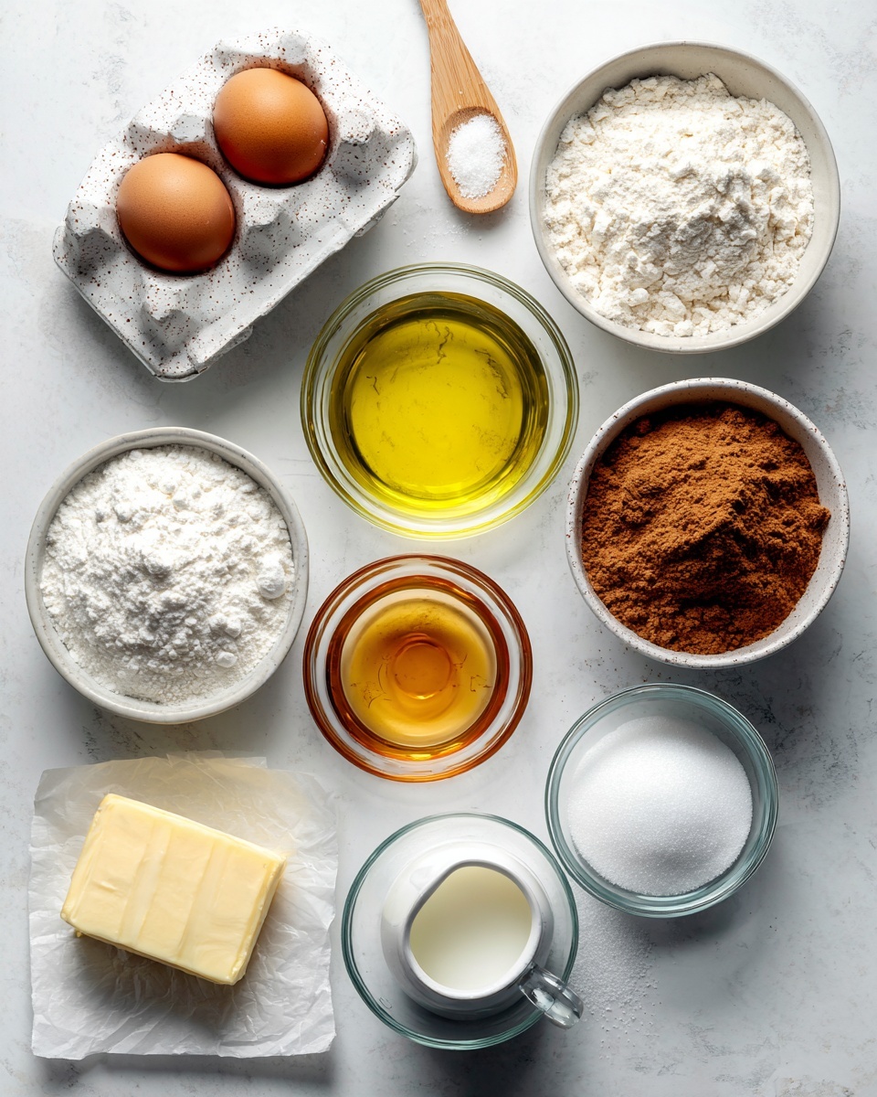 A top view of baking ingredients arranged on a white marbled surface, including a single brown egg in a speckled white egg carton at the top left, a white bowl of flour at the top right, and a small wooden spoon with white powder in the center. Below these, a clear glass bowl of yellow oil sits to the right of a small white bowl with amber liquid. Center left is a bowl filled with brown powder, and beside it, a white pitcher with milk. At the bottom left, a glass bowl holds white powdered sugar, next to a stick of yellow butter on a small piece of parchment, and a white bowl filled with white sugar on the bottom right. Photo taken with an iphone --ar 4:5 --v 7