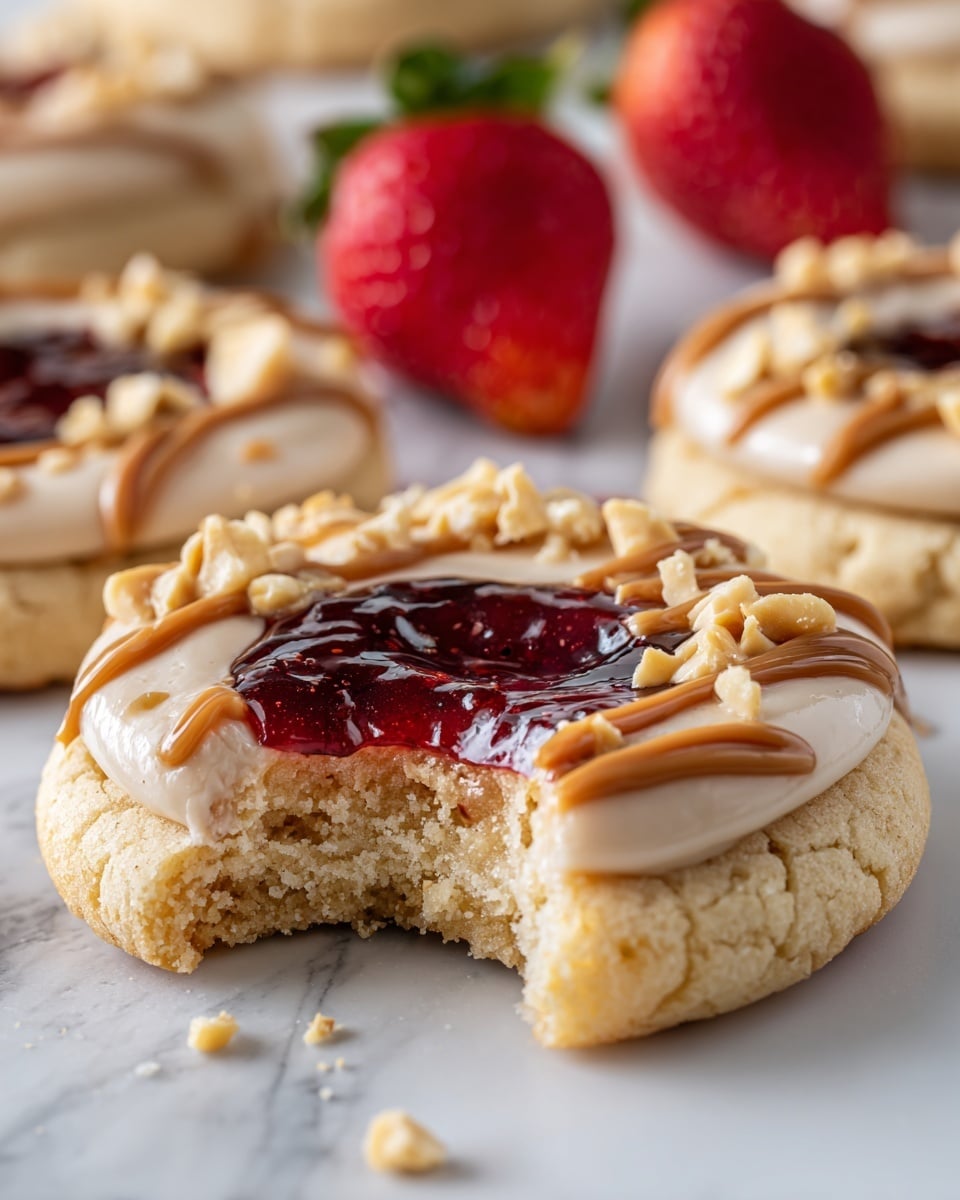 A close-up view of a round cookie with four visual layers. The bottom layer is a golden-brown soft cookie with a thick texture and a bitten edge showing a crumbly inside. On top, there is a thin light tan creamy layer evenly spread near the edge in a ring shape. The center layer features a shiny deep red jam with visible seeds, filling most of the cookie's middle. The top layer consists of three thin light brown stripes diagonally drizzled over the jam, with small crushed nuts scattered on some stripes. Nearby, a whole peanut and a fresh red strawberry slightly blurred rest on a white marbled surface. Photo taken with an iphone --ar 4:5 --v 7