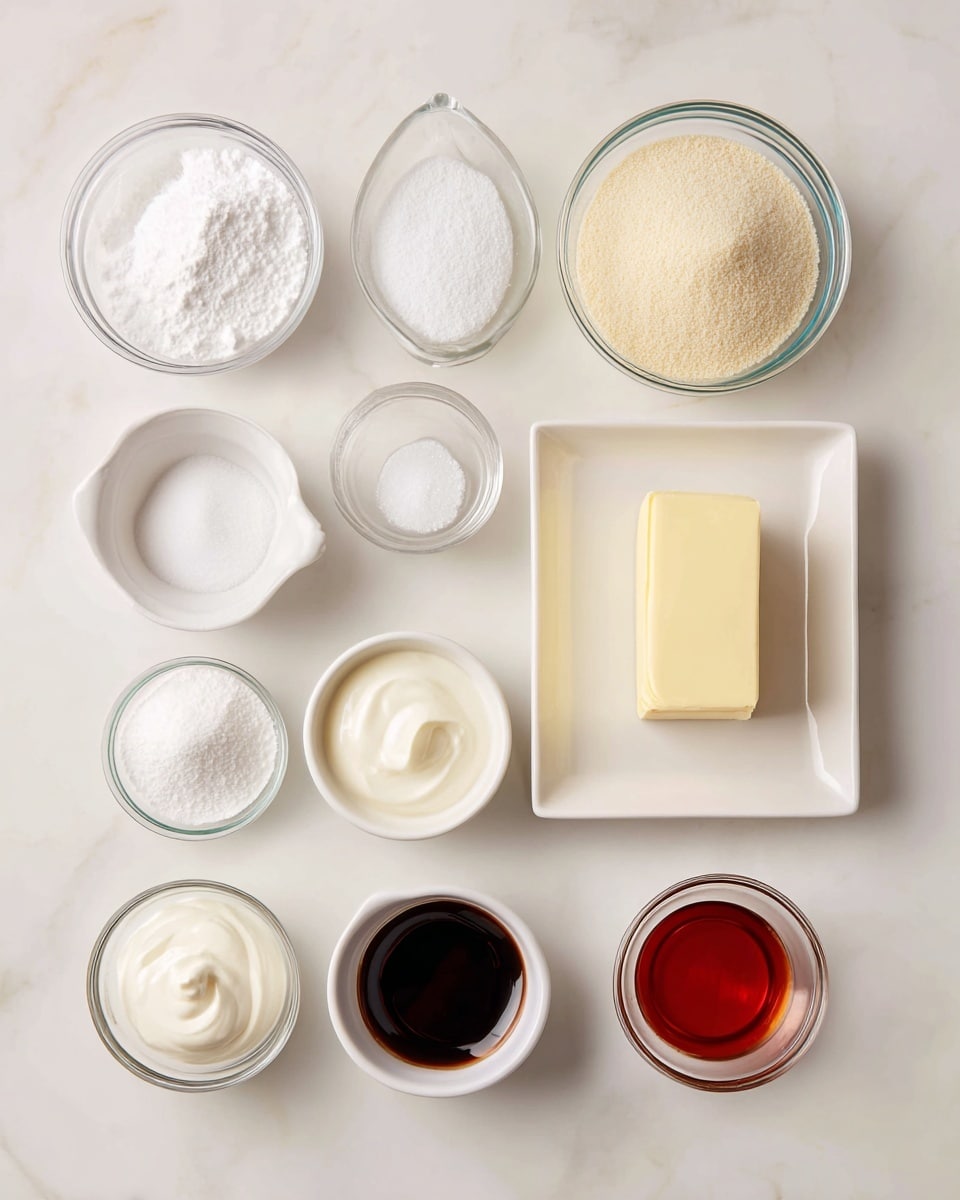 The image shows nine small bowls and a white rectangular plate arranged neatly in three rows on a white marbled surface. The top row has a glass bowl with white powdered sugar on the left, a glass bowl with light beige almond flour in the middle, a glass bowl with clear egg whites to the right, and a white rectangular plate holding a stick of pale yellow butter on the far right. The bottom row features a tiny white bowl of cream of tartar on the left, a small white bowl of white heavy cream next to it, a small white bowl filled with white granulated sugar in the center, a tiny white bowl with dark red food coloring next to it, and a small clear glass bowl with dark amber vanilla extract on the far right. All items are cleanly arranged and clearly labeled above or below each container. photo taken with an iphone --ar 4:5 --v 7