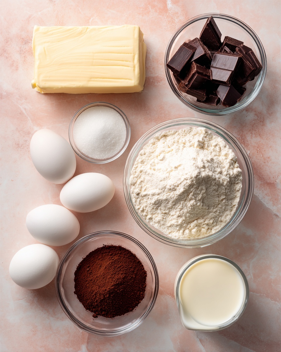 The image shows ingredients neatly arranged on a soft pink surface with a white marbled texture. From top left, there is a block of unsalted butter in creamy yellow, followed by a glass bowl filled with fine, white sugar. Below these, another glass bowl contains dark brown chunks of dark chocolate. Next to it, a bowl full of white flour with a slightly crumbly texture. At the bottom left, three white eggs are placed side by side, and beside them is a small glass bowl of dark brown espresso powder. On the bottom right, there is a glass filled with heavy cream, smooth and white. Each ingredient is labeled with black text on white background. Photo taken with an iphone --ar 4:5 --v 7